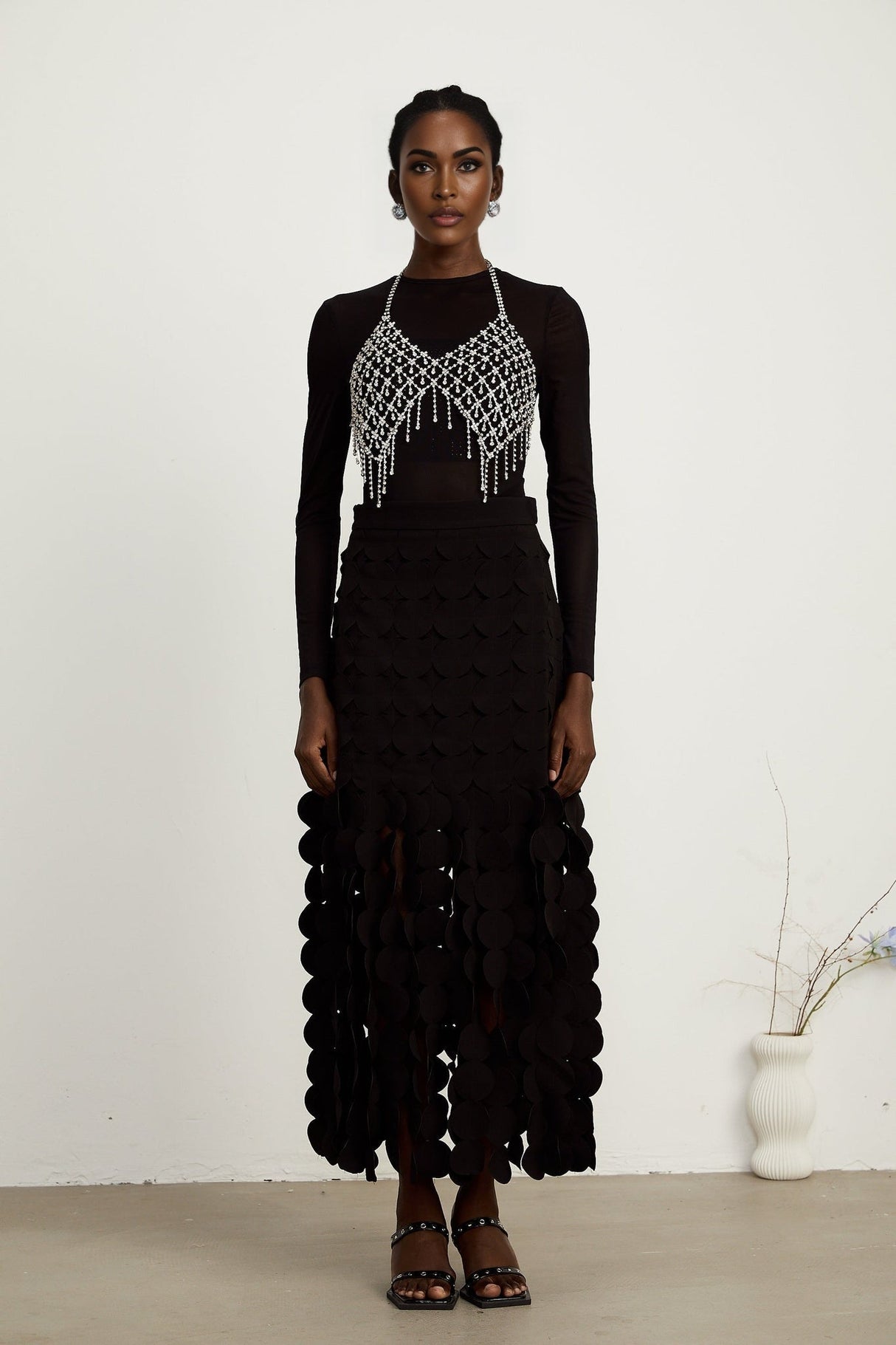 Alana Maxi Dress - Ankle Length - Fringed Design - Fabric - Disc Overlay - Rear Zip Fastening