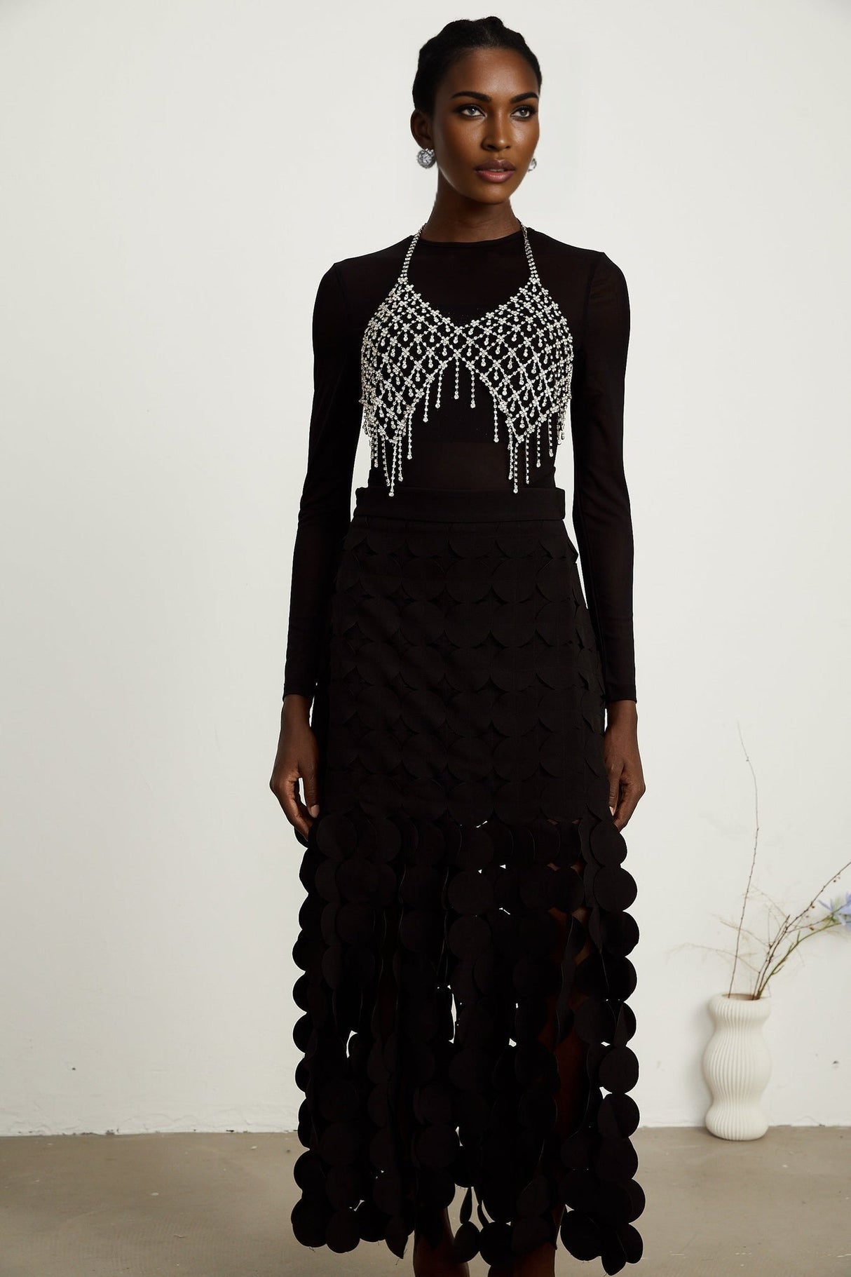 Alana Maxi Dress - Ankle Length - Fringed Design - Fabric - Disc Overlay - Rear Zip Fastening