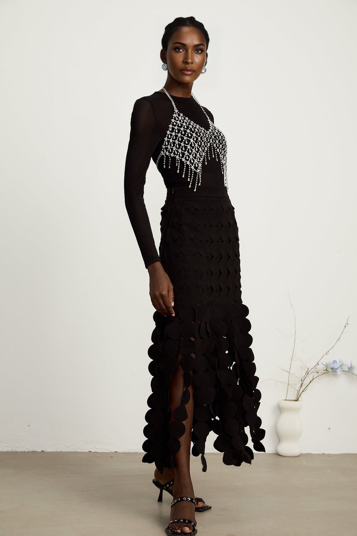 Alana Maxi Dress - Ankle Length - Fringed Design - Fabric - Disc Overlay - Rear Zip Fastening