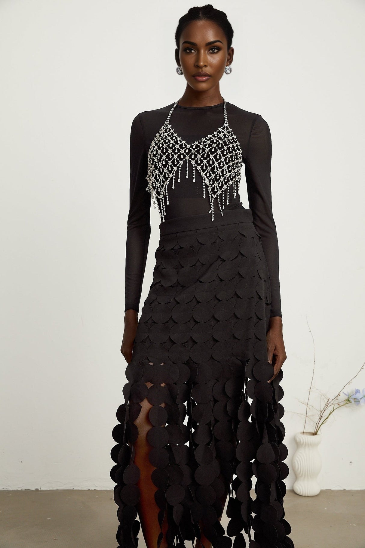 Alana Maxi Dress - Ankle Length - Fringed Design - Fabric - Disc Overlay - Rear Zip Fastening