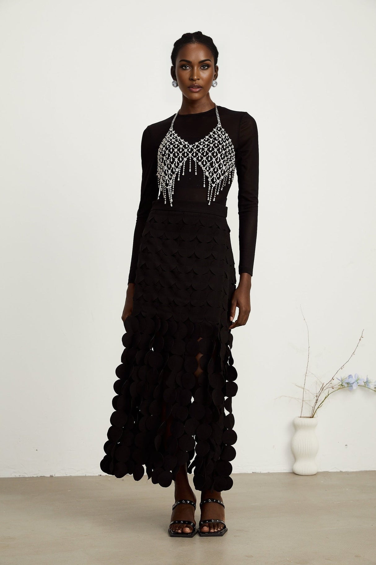 Alana Maxi Dress - Ankle Length - Fringed Design - Fabric - Disc Overlay - Rear Zip Fastening