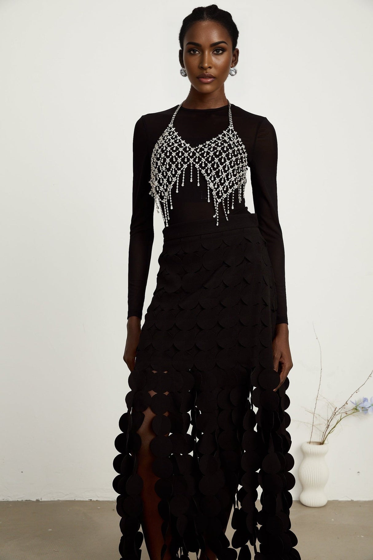 Alana Maxi Dress - Ankle Length - Fringed Design - Fabric - Disc Overlay - Rear Zip Fastening