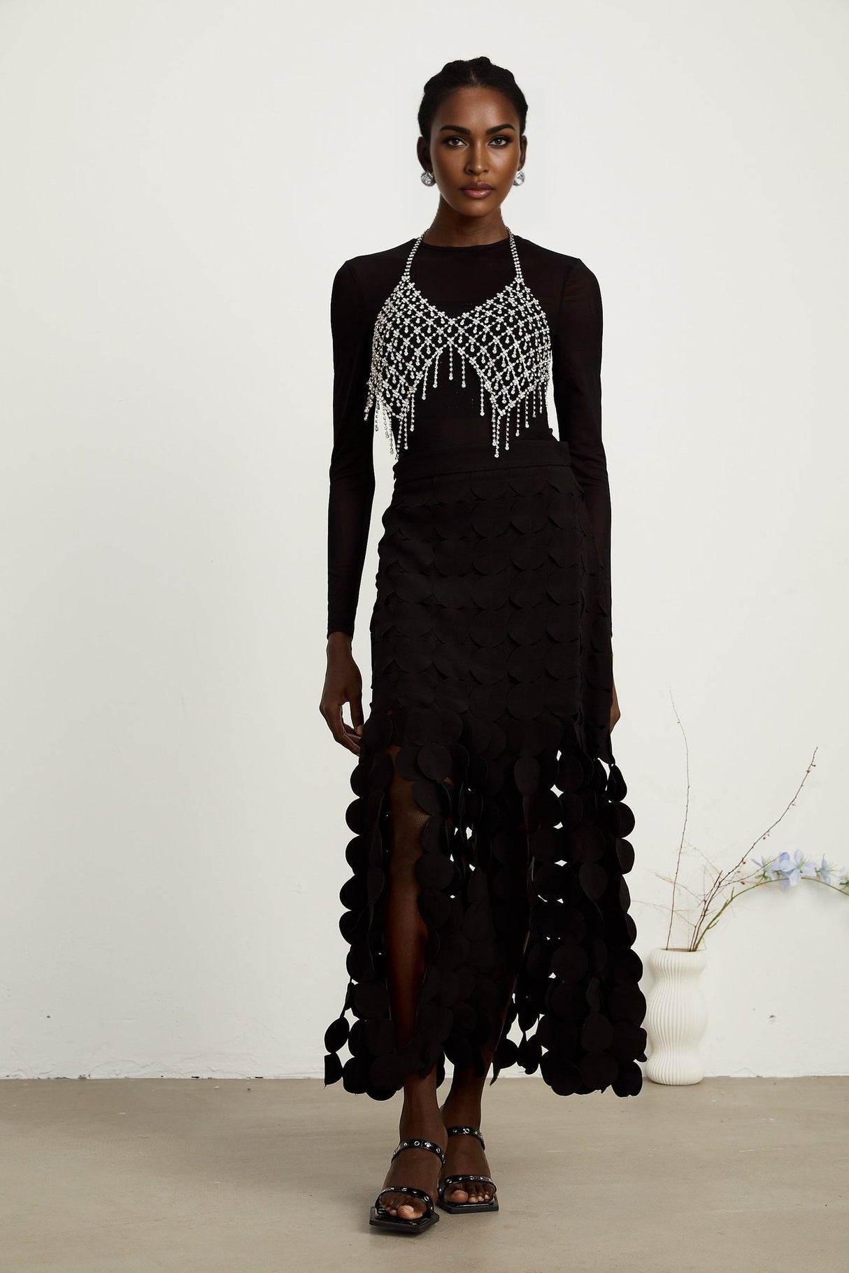 Alana Maxi Dress - Ankle Length - Fringed Design - Fabric - Disc Overlay - Rear Zip Fastening