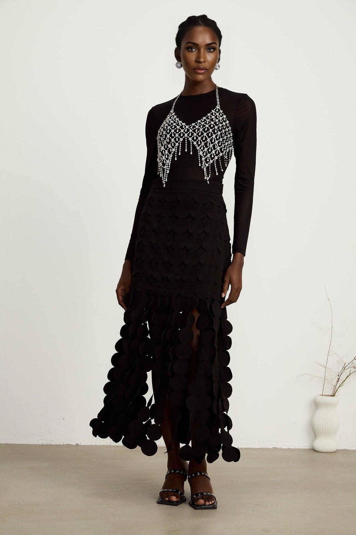 Alana Maxi Dress - Ankle Length - Fringed Design - Fabric - Disc Overlay - Rear Zip Fastening