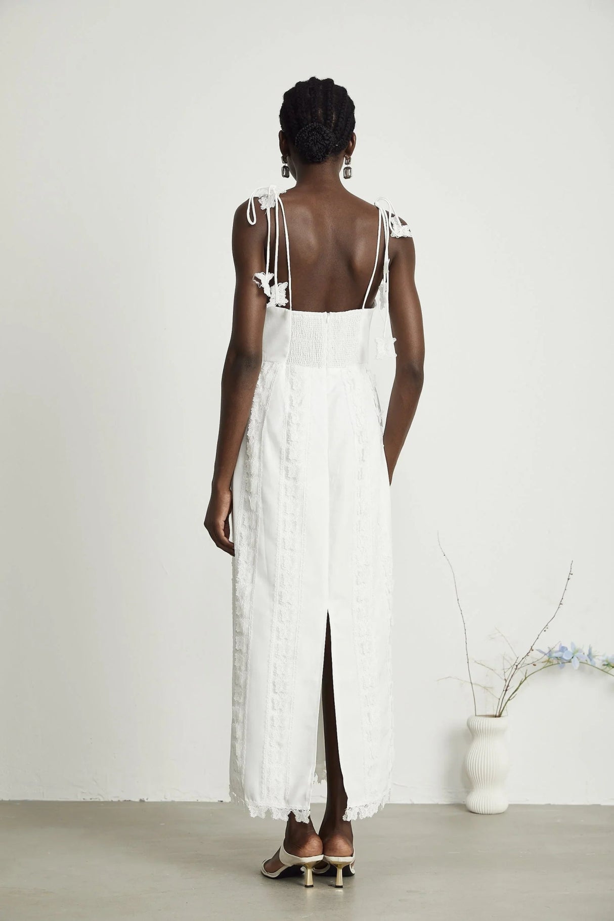 Alana Midi Dress - Sleeveless V - Neck Lace Butterfly Detail Rear Slit Zip Fastening Elegant Embroidery Stylish Length