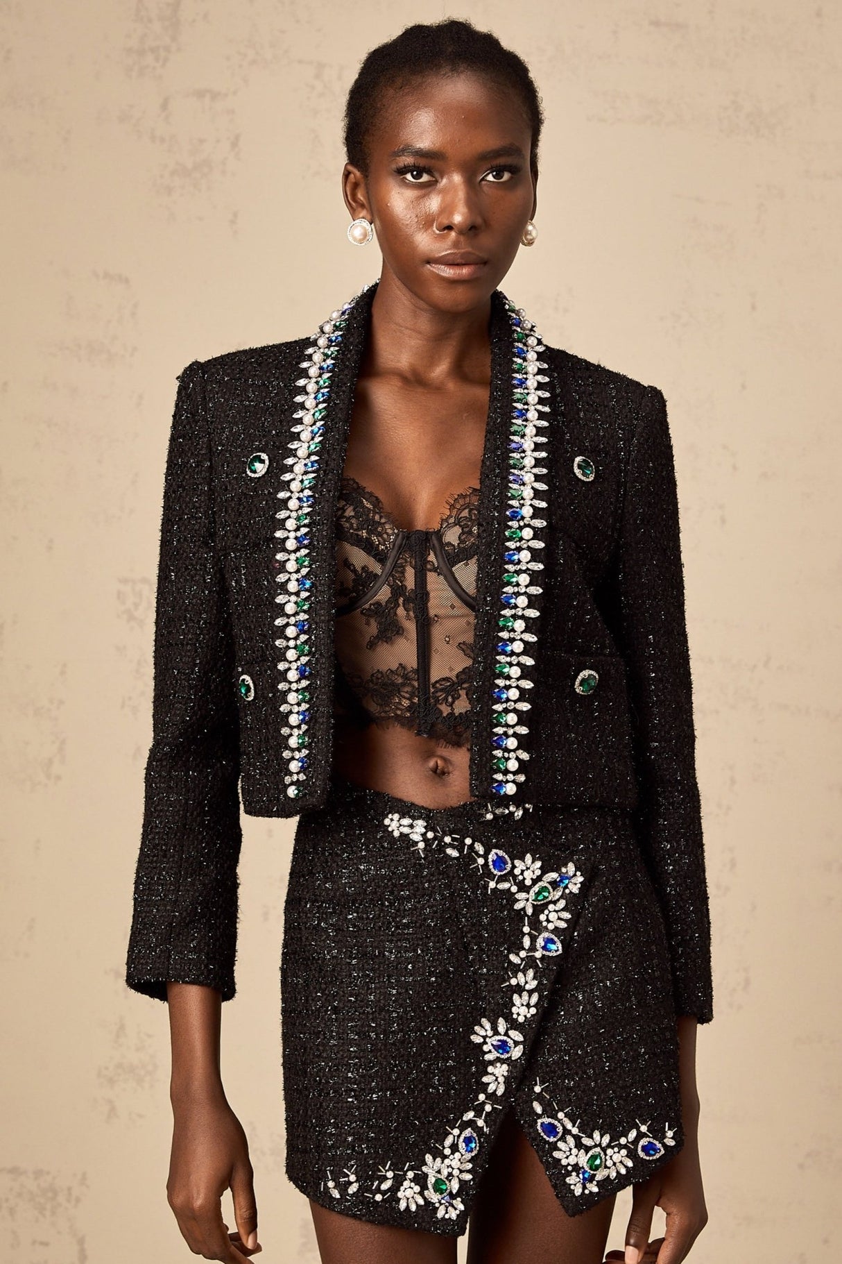 Alba Jacket & Skirt Set - Bouclé Construction - Crystal & Faux - Pearl Embellishment - Metallic Threading - Patch Pockets