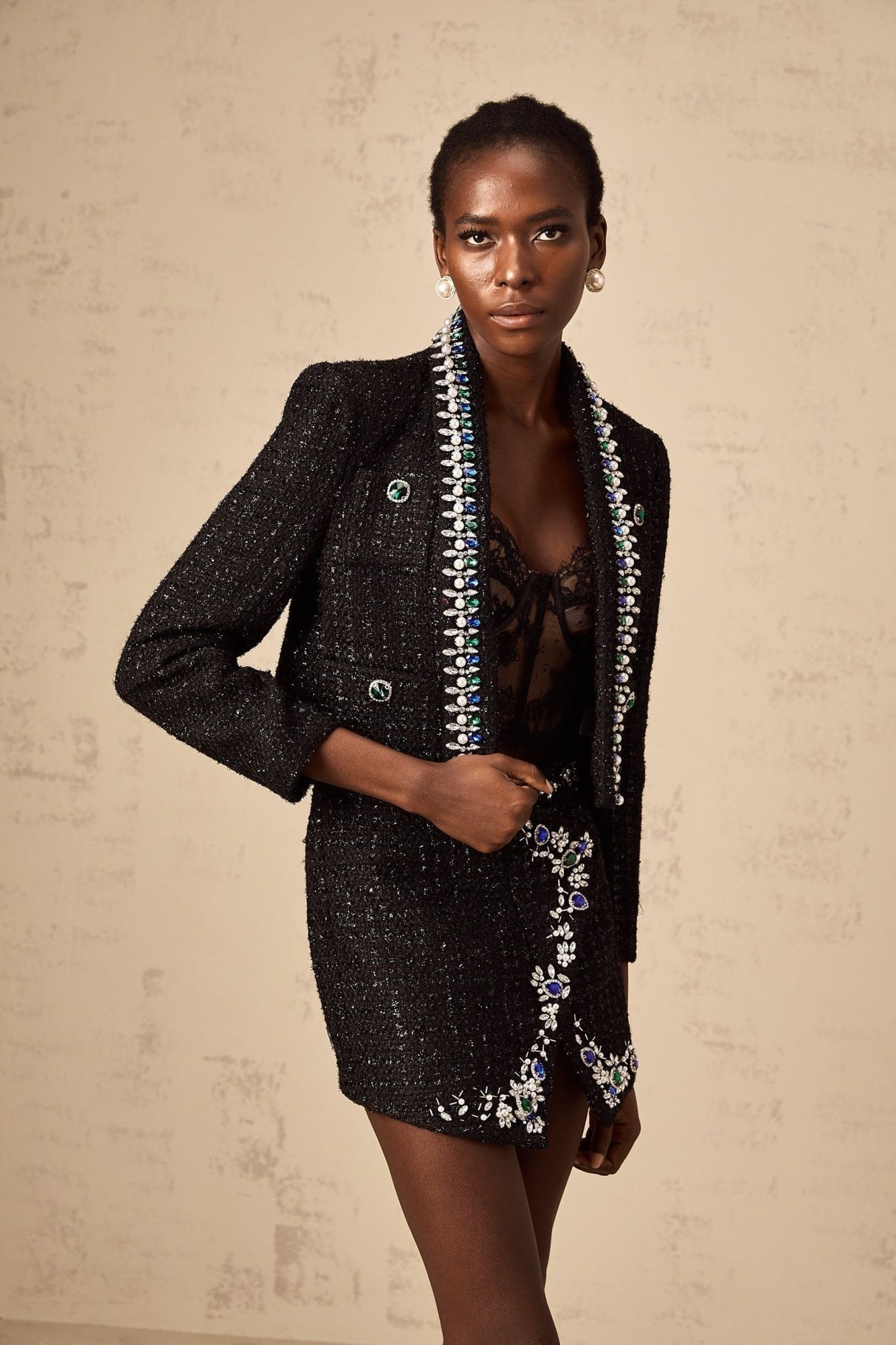 Alba Jacket & Skirt Set - Bouclé Construction - Crystal & Faux - Pearl Embellishment - Metallic Threading - Patch Pockets