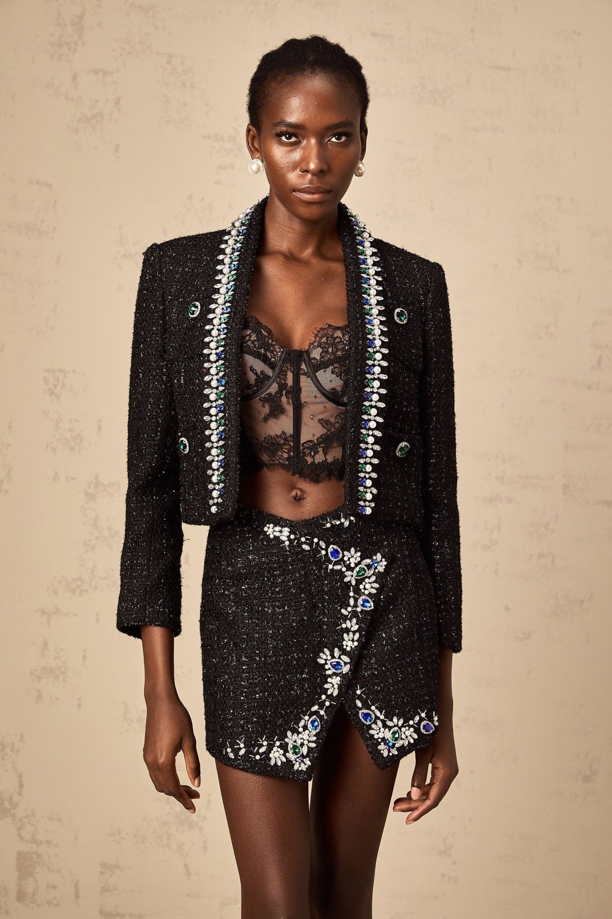 Alba Jacket & Skirt Set - Bouclé Construction - Crystal & Faux - Pearl Embellishment - Metallic Threading - Patch Pockets