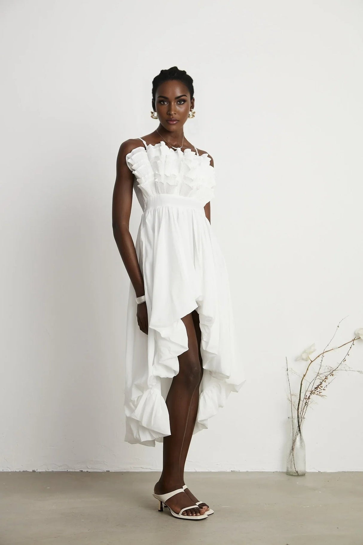 Alba Midi Dress - Sleeveless - Pleated - Spaghetti Straps - Ruffled Hem