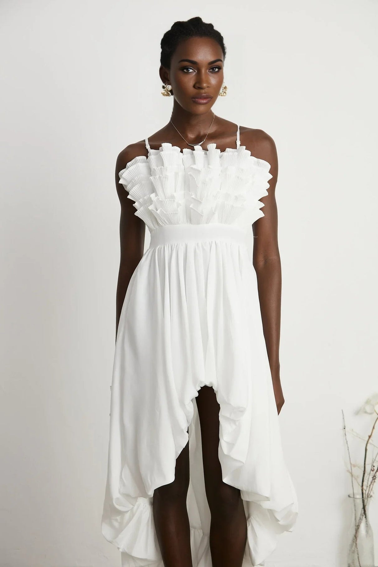 Alba Midi Dress - Sleeveless - Pleated - Spaghetti Straps - Ruffled Hem