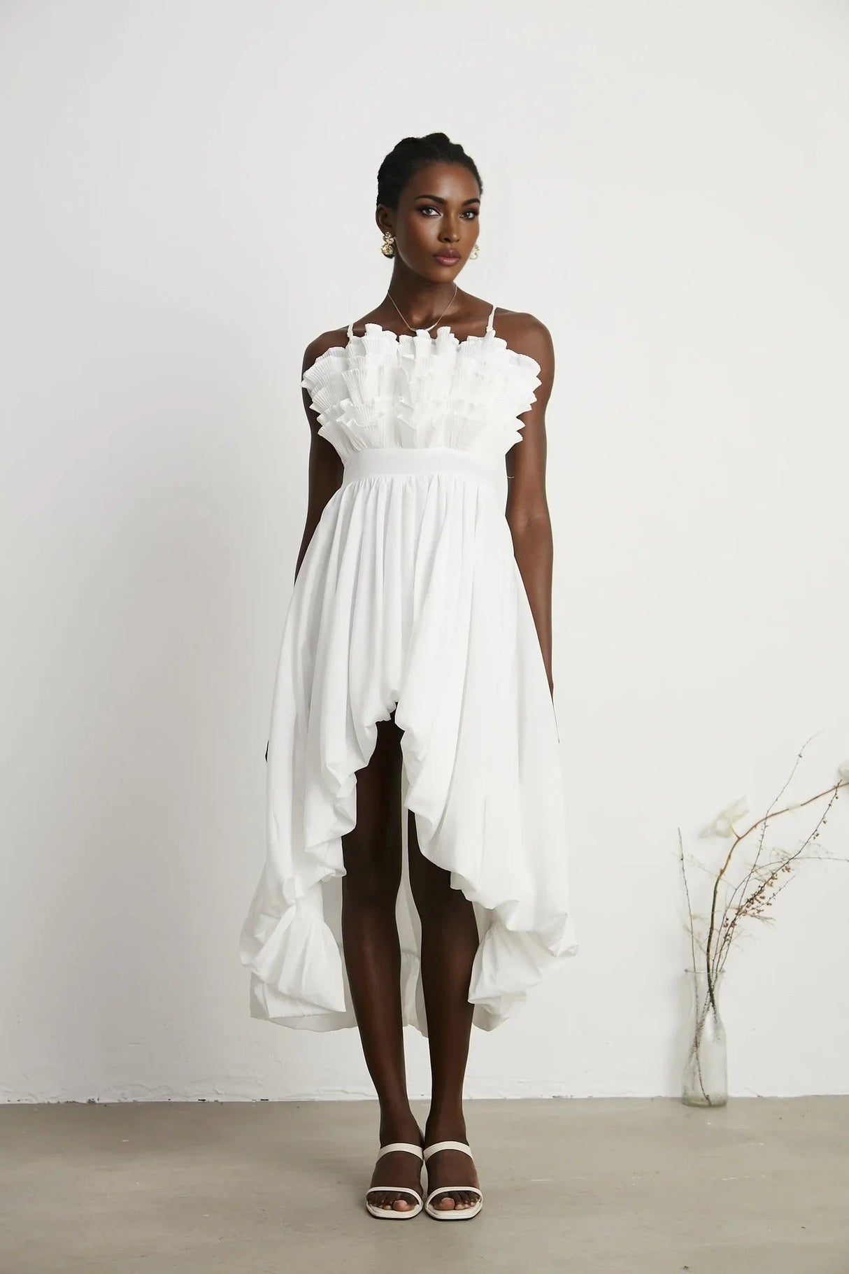 Alba Midi Dress - Sleeveless - Pleated - Spaghetti Straps - Ruffled Hem