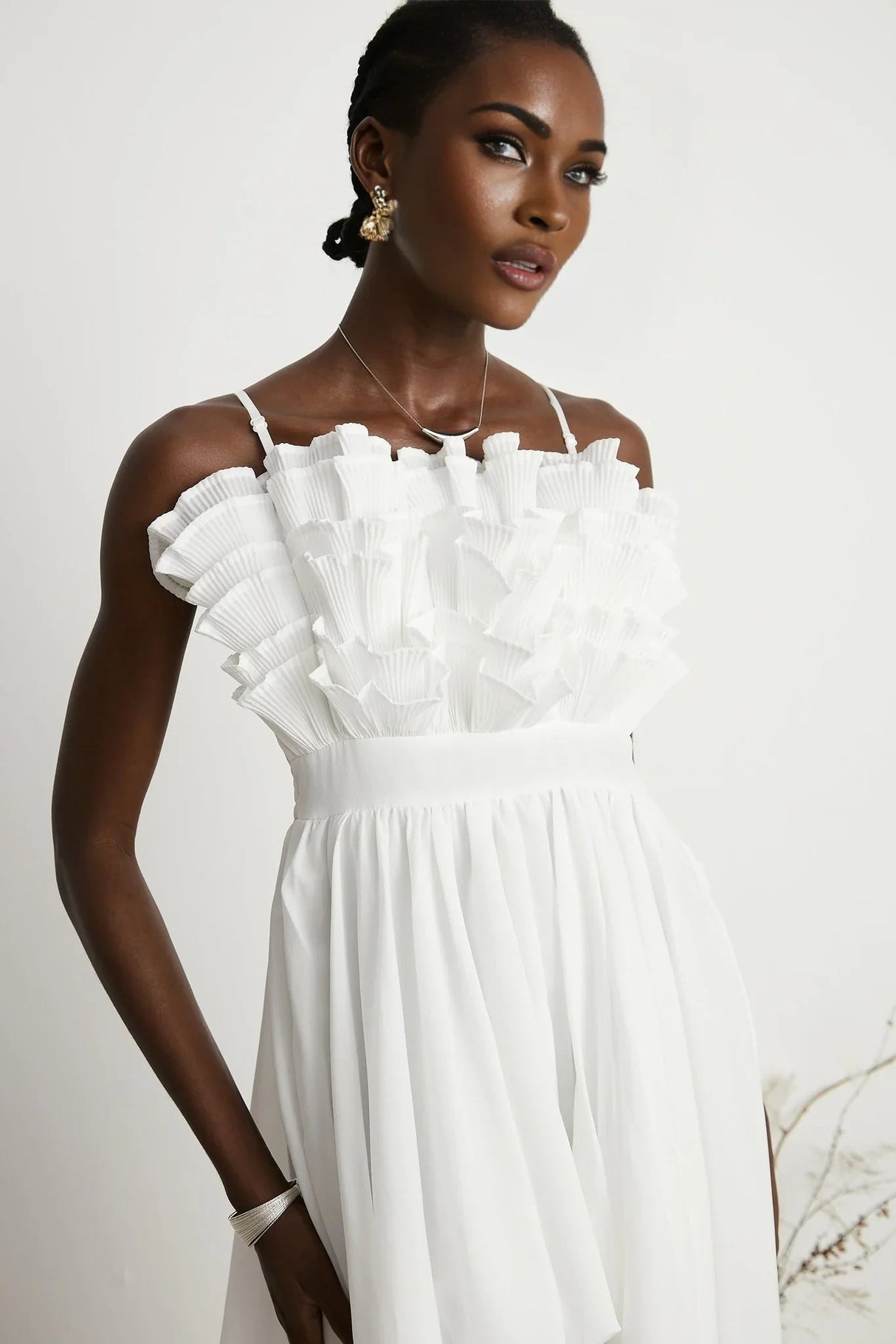 Alba Midi Dress - Sleeveless - Pleated - Spaghetti Straps - Ruffled Hem