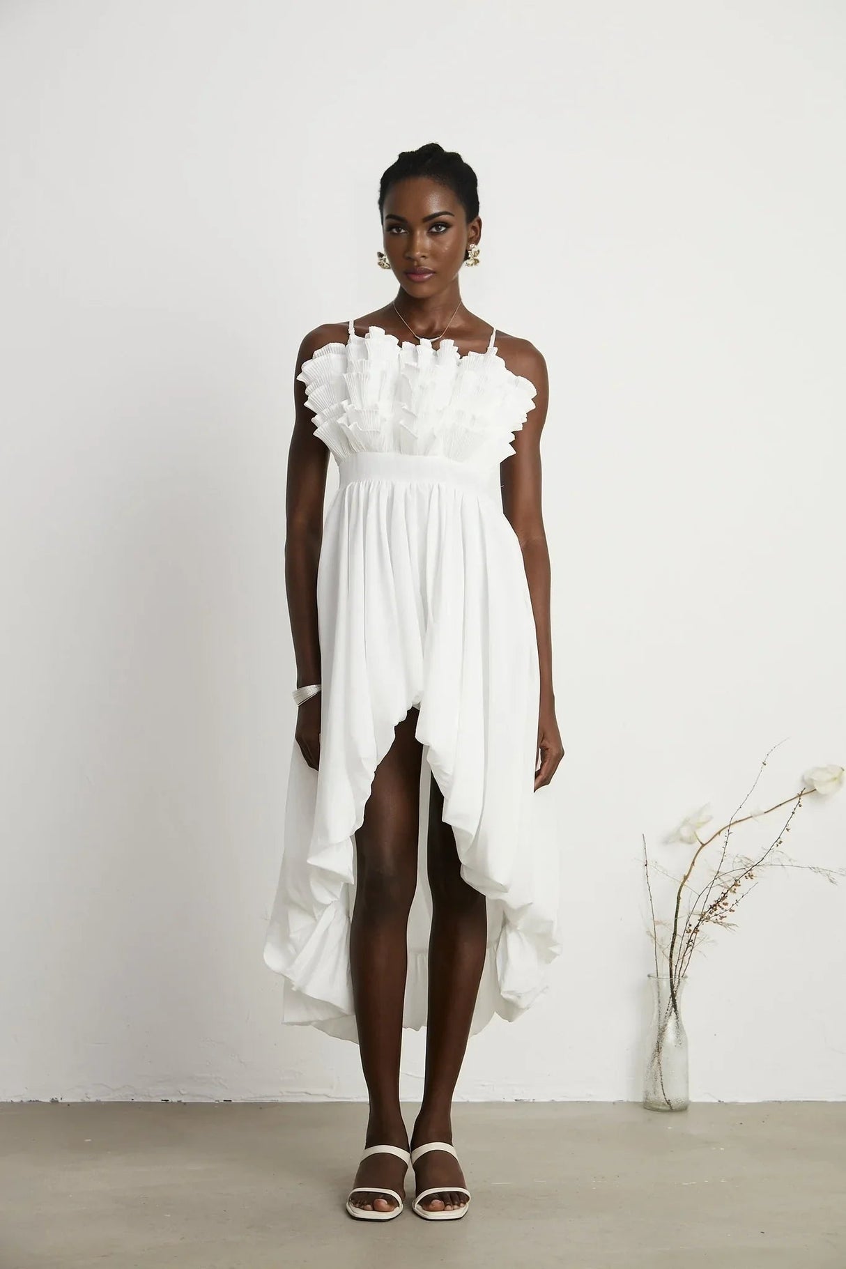 Alba Midi Dress - Sleeveless - Pleated - Spaghetti Straps - Ruffled Hem