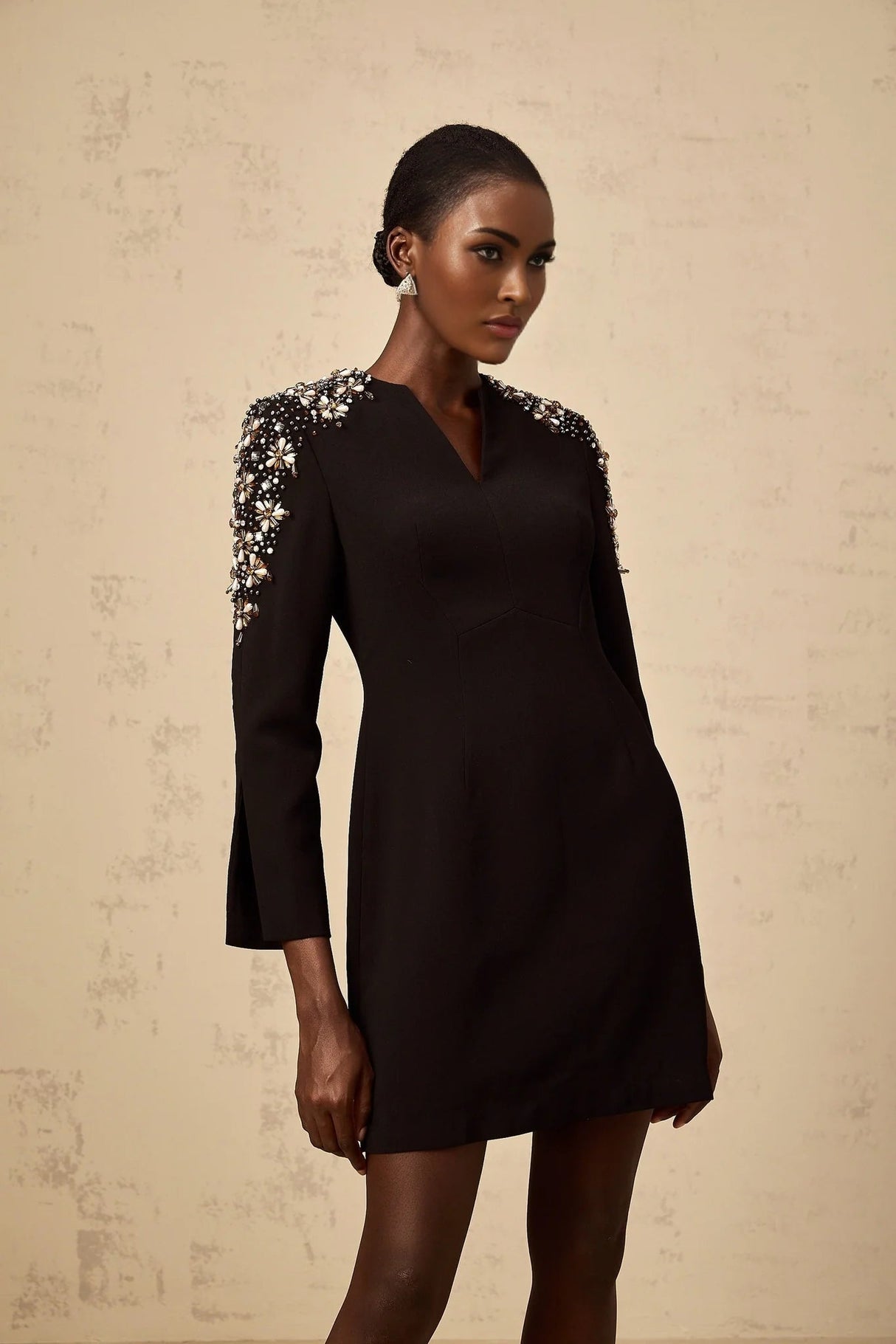 Alba Mini Dress Black Embellished Split - Neck