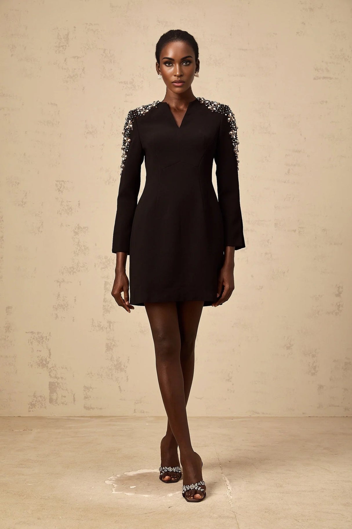 Alba Mini Dress Black Embellished Split - Neck