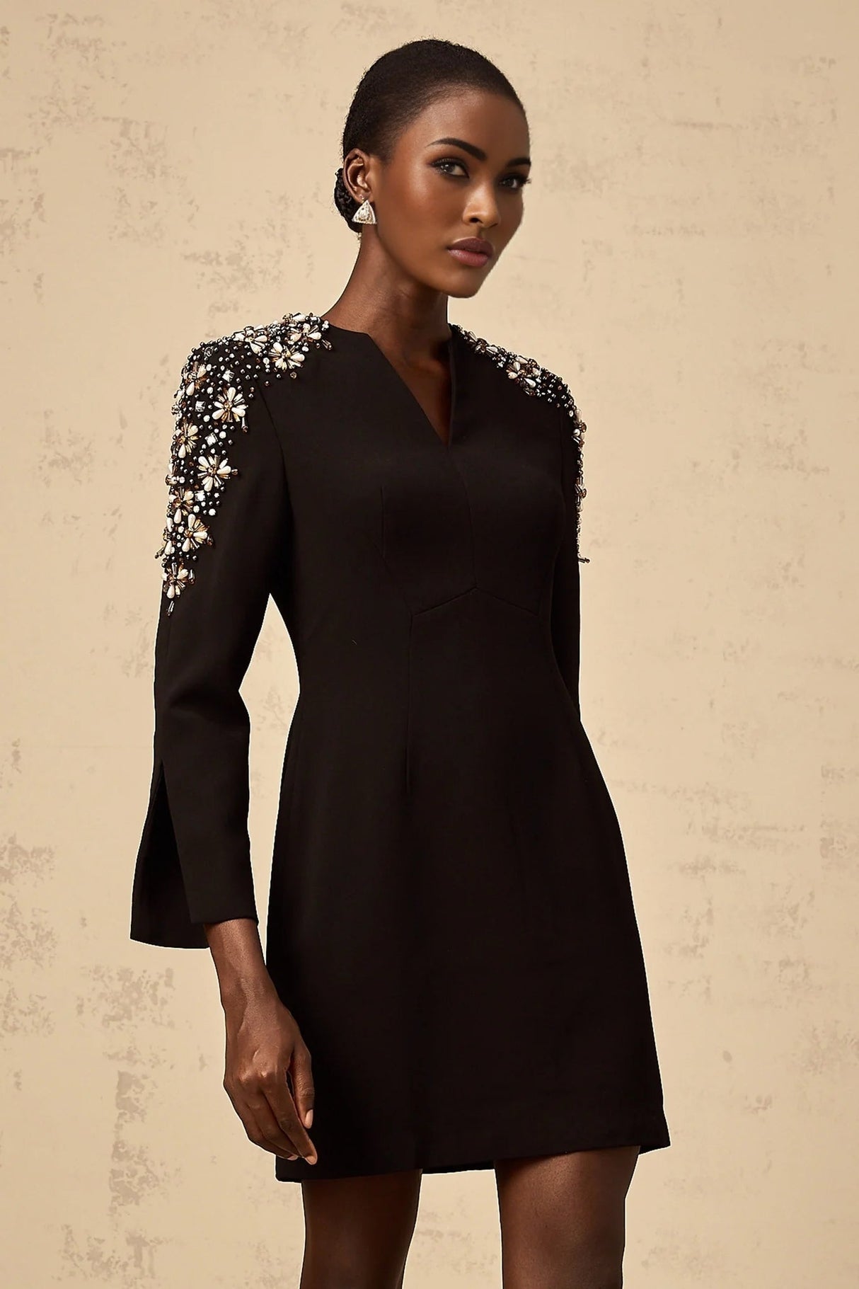 Alba Mini Dress Black Embellished Split - Neck