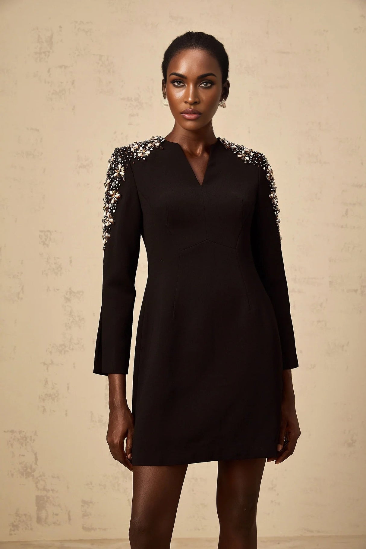 Alba Mini Dress Black Embellished Split - Neck
