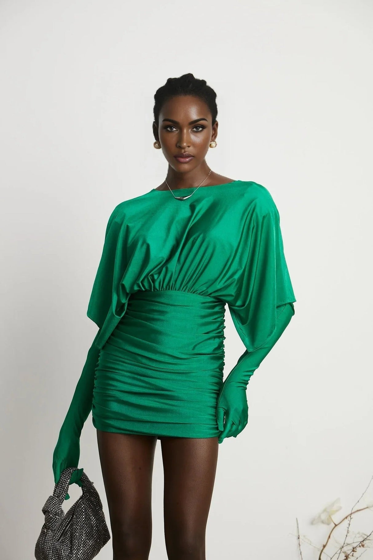 Alba Mini Dress - Stretch - Design Satin Finish Ruched Detailing V - Neck