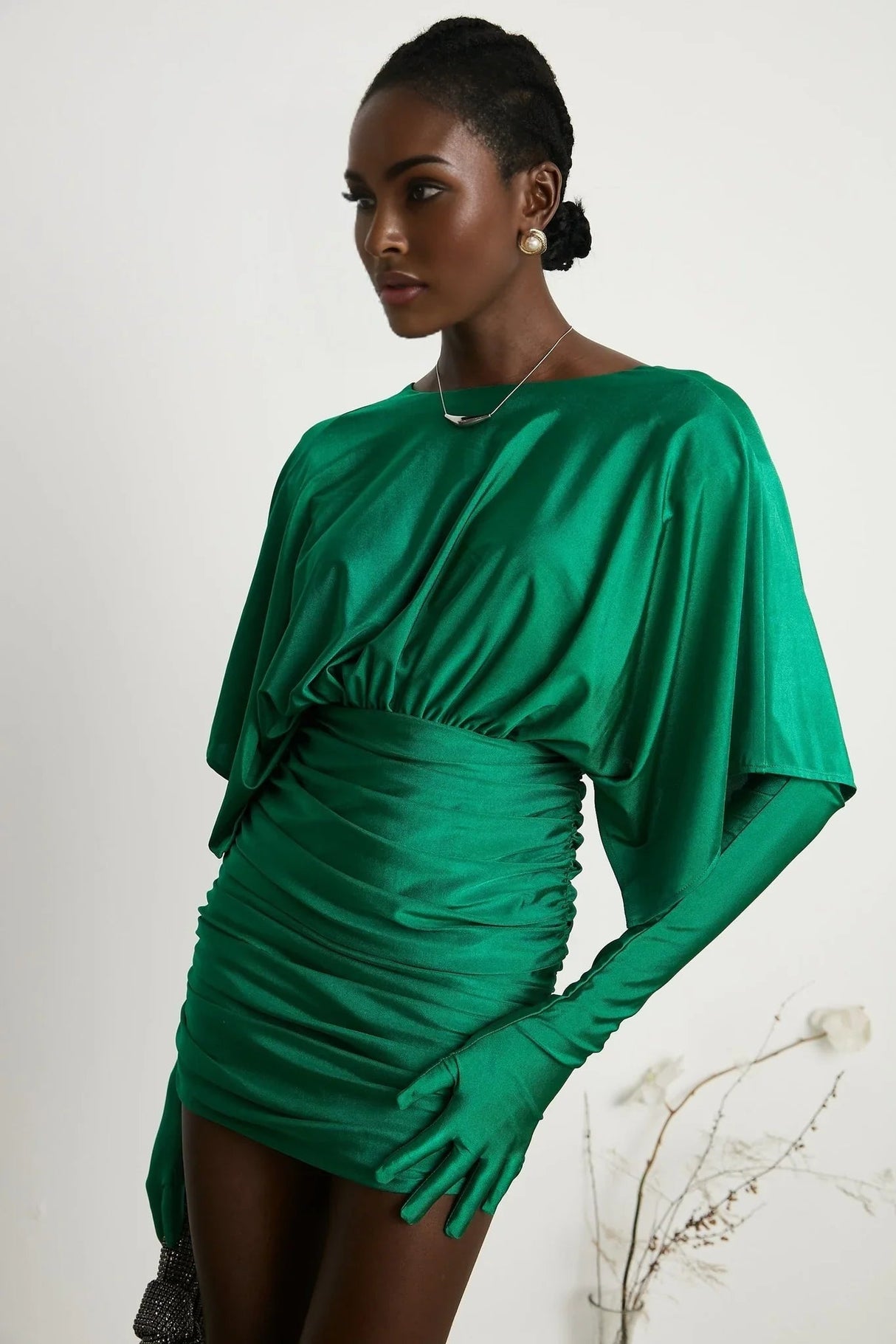 Alba Mini Dress - Stretch - Design Satin Finish Ruched Detailing V - Neck