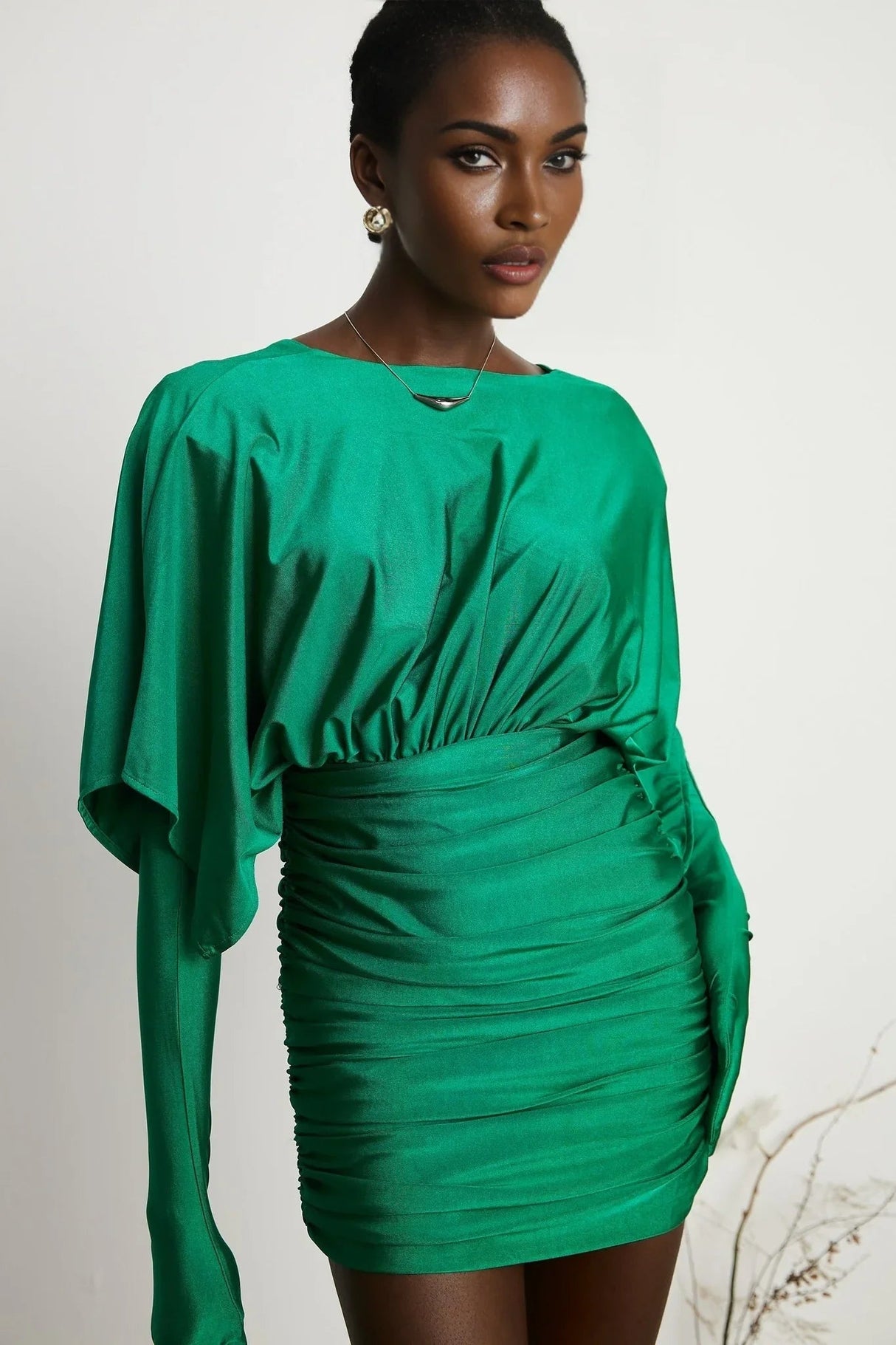 Alba Mini Dress - Stretch - Design Satin Finish Ruched Detailing V - Neck