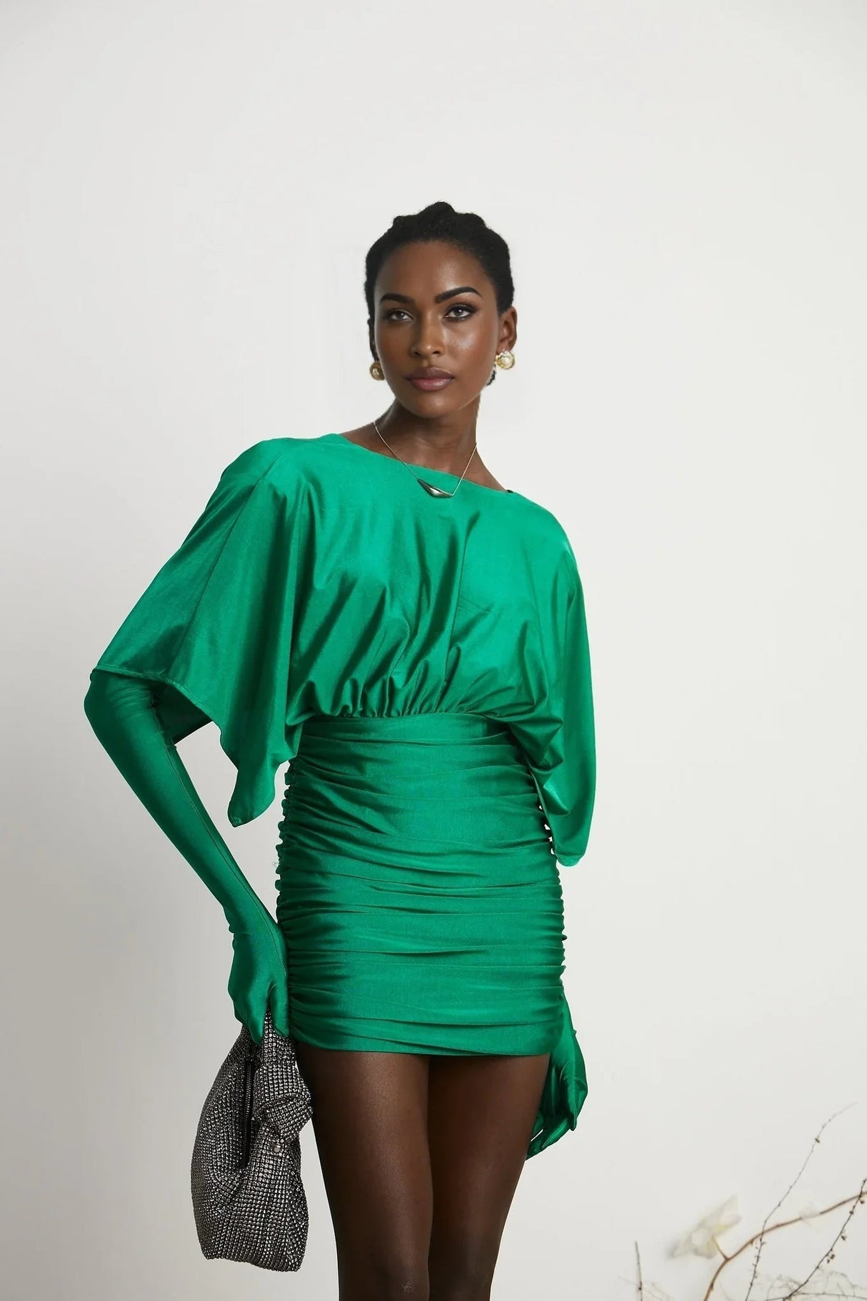 Alba Mini Dress - Stretch - Design Satin Finish Ruched Detailing V - Neck