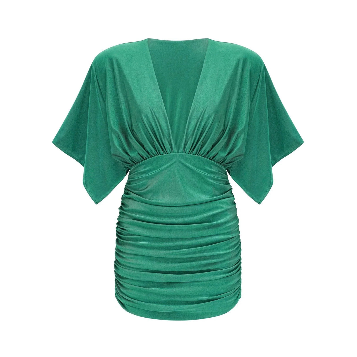 Alba Mini Dress - Stretch - Design Satin Finish Ruched Detailing V - Neck