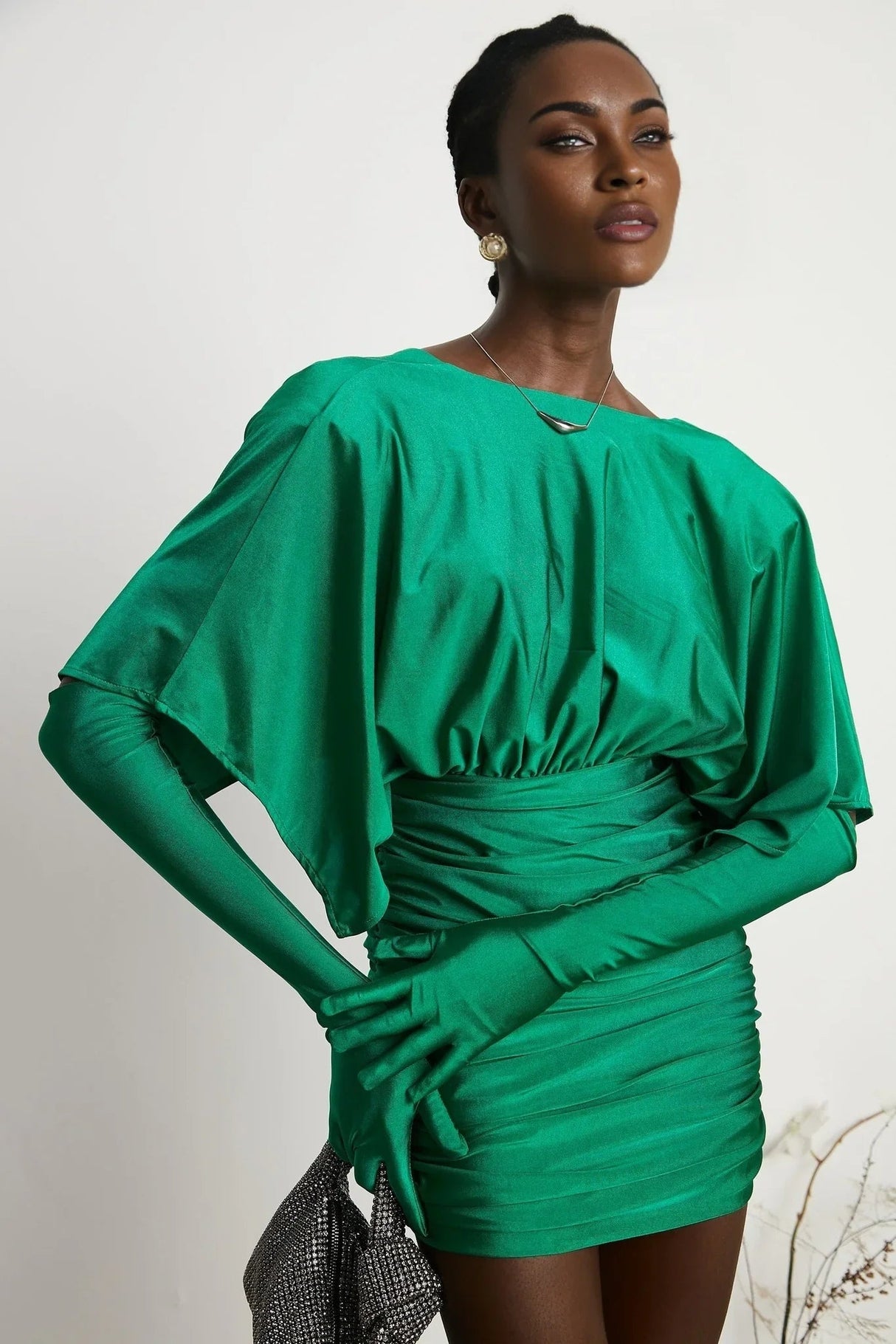 Alba Mini Dress - Stretch - Design Satin Finish Ruched Detailing V - Neck