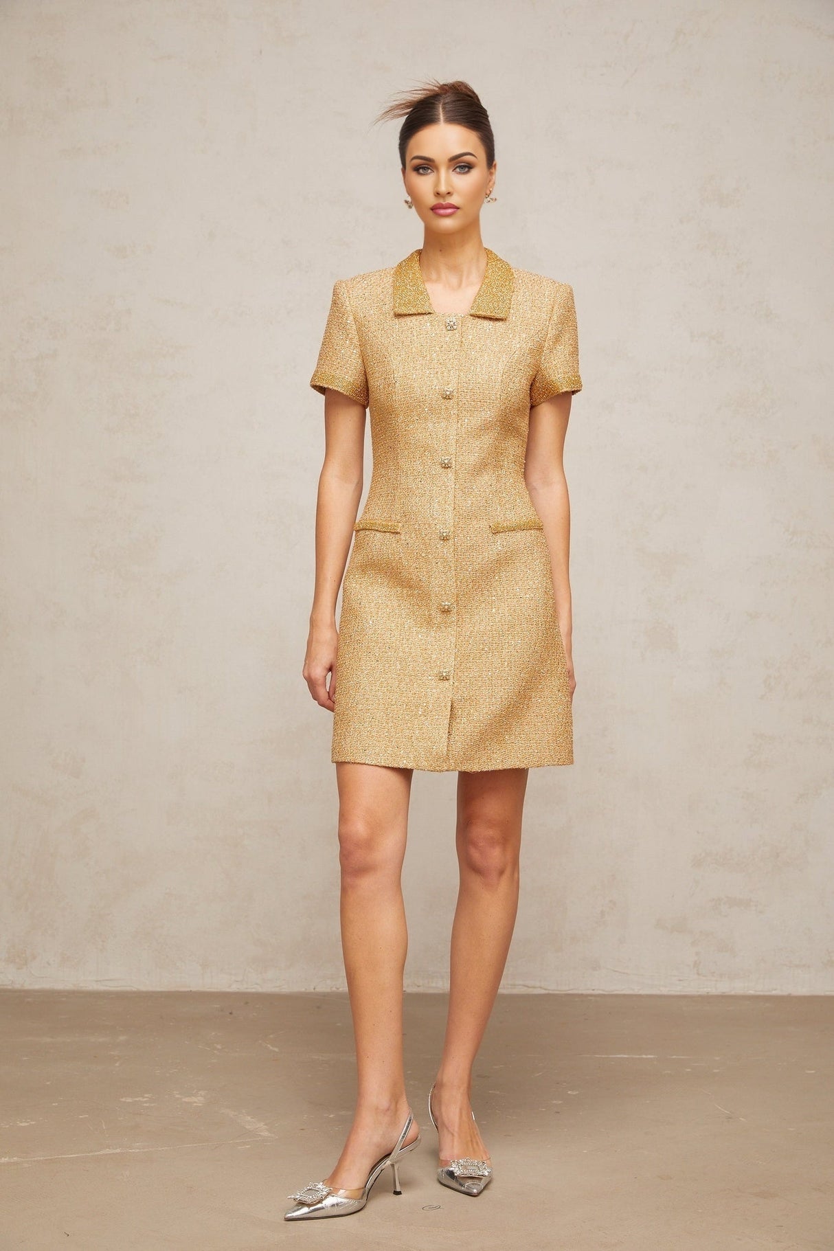 Alba Mini Dress - Tweed Notched Lapels Sequin Embellishment A - line Crystal Buttons