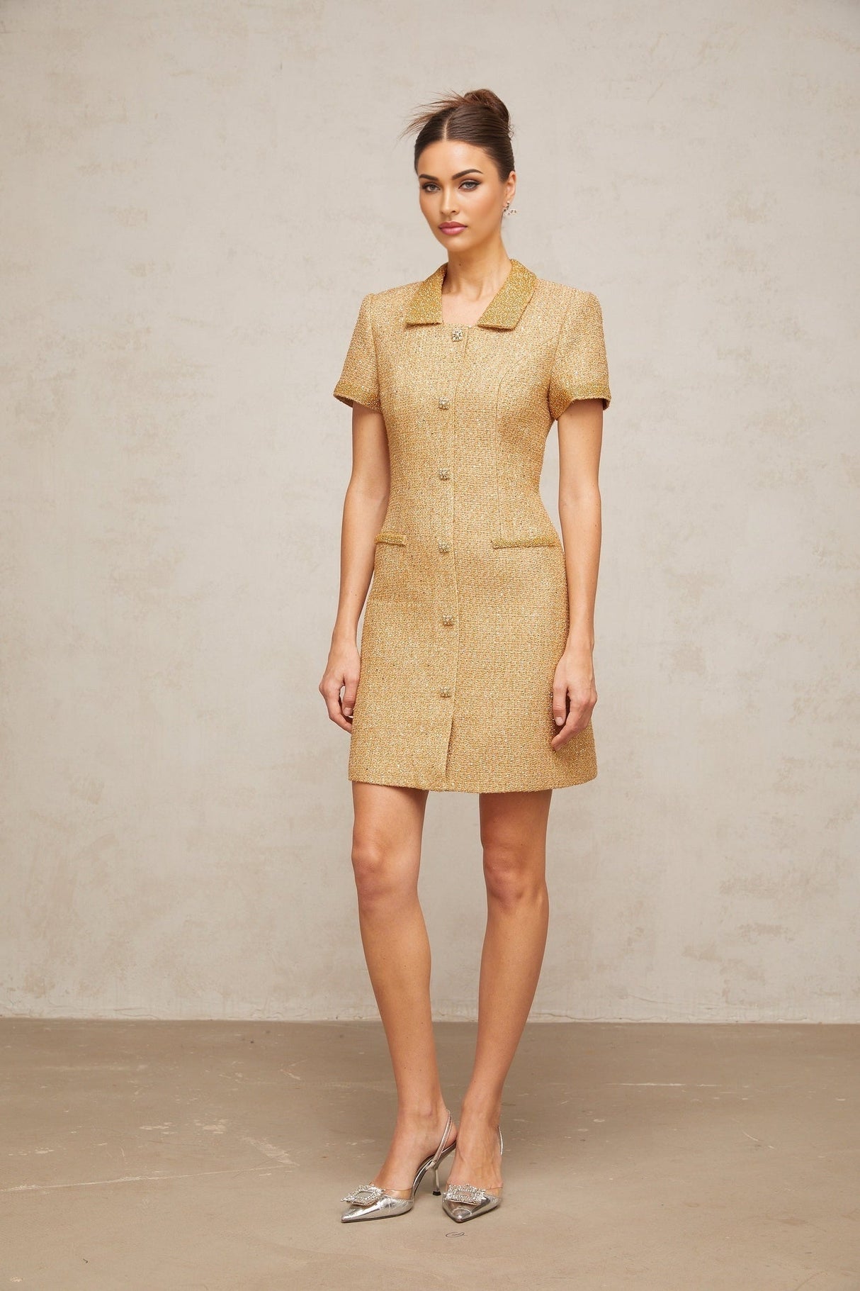 Alba Mini Dress - Tweed Notched Lapels Sequin Embellishment A - line Crystal Buttons