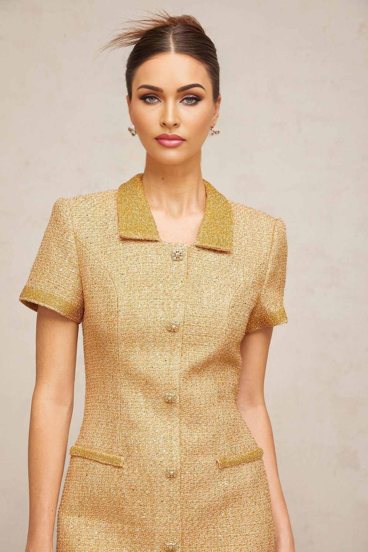 Alba Mini Dress - Tweed Notched Lapels Sequin Embellishment A - line Crystal Buttons