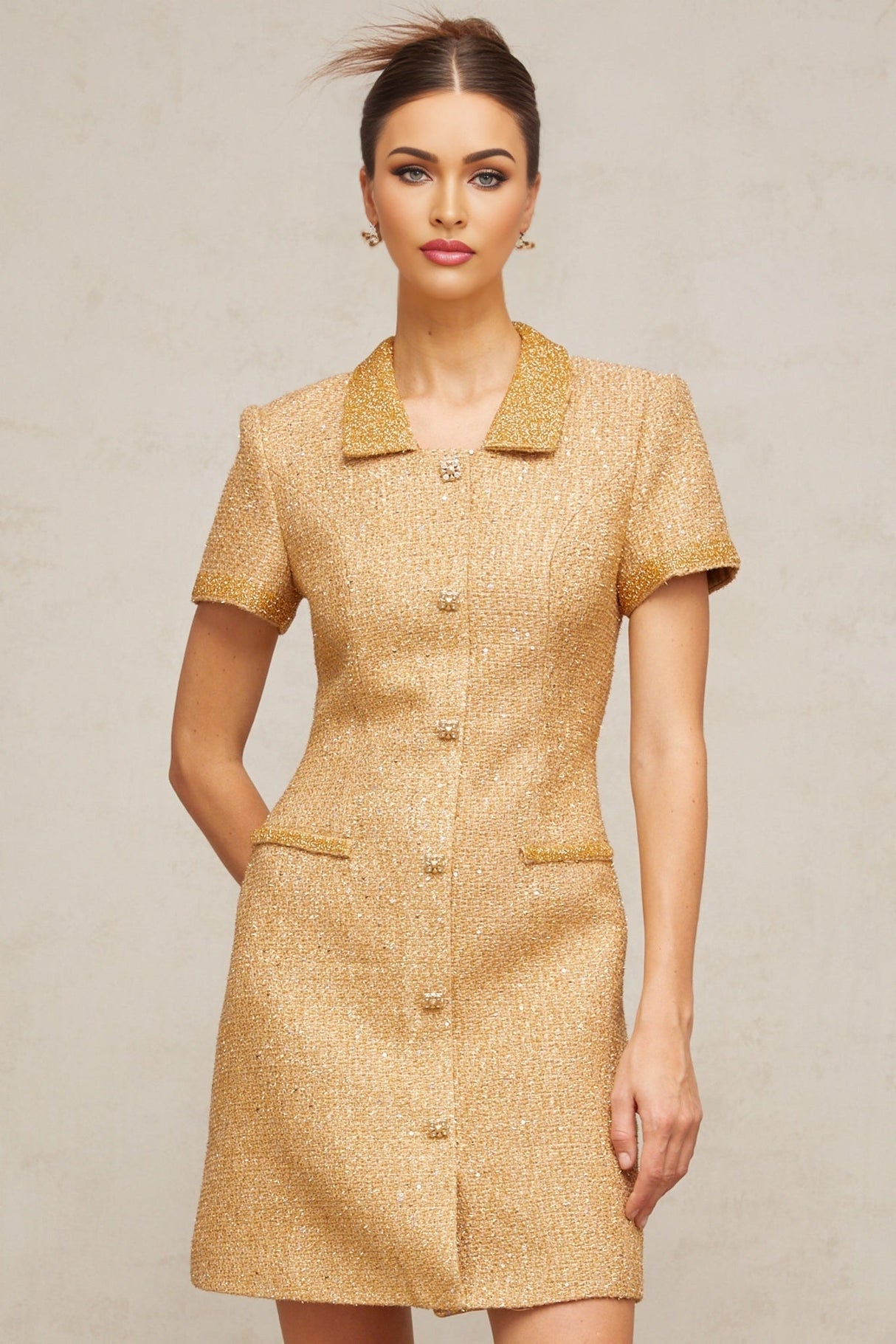 Alba Mini Dress - Tweed Notched Lapels Sequin Embellishment A - line Crystal Buttons