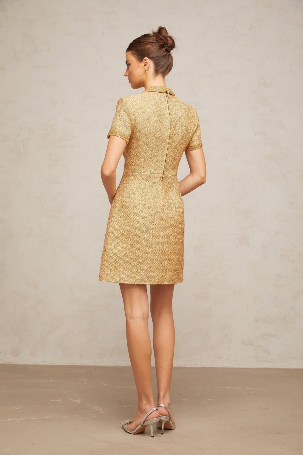 Alba Mini Dress - Tweed Notched Lapels Sequin Embellishment A - line Crystal Buttons