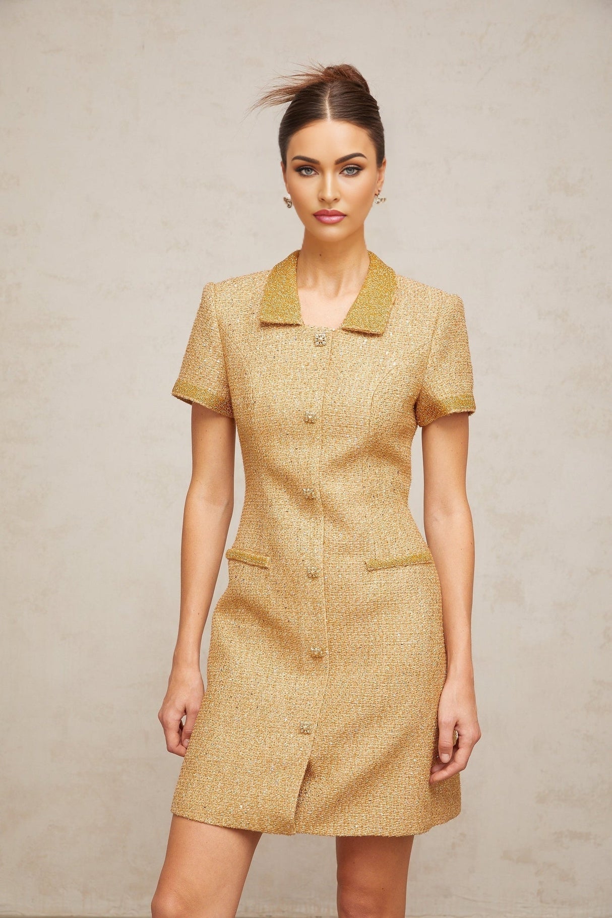 Alba Mini Dress - Tweed Notched Lapels Sequin Embellishment A - line Crystal Buttons