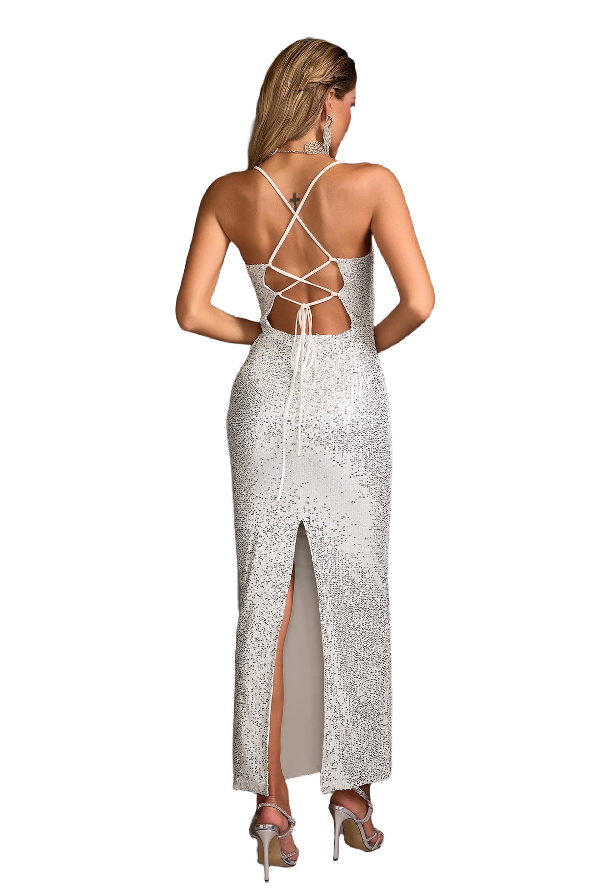 Alba Silver Sparkling Backless Dress with Spaghetti Straps