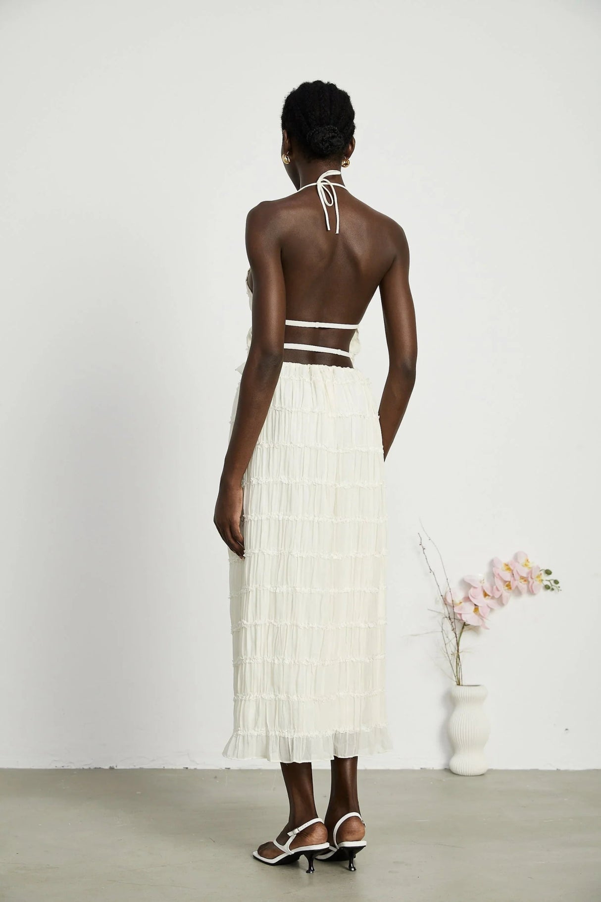 Alba Skirt & Top Set - Sleeveless Halterneck Open Back Pleated Ruffled Floor Length