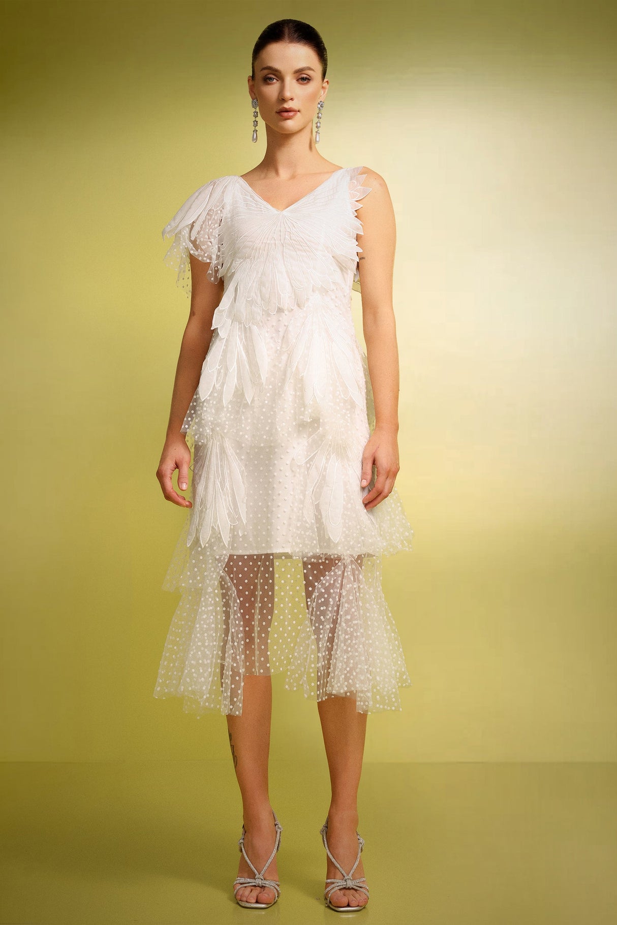 Alba White Butterfly Wave Point V-Neck Dress