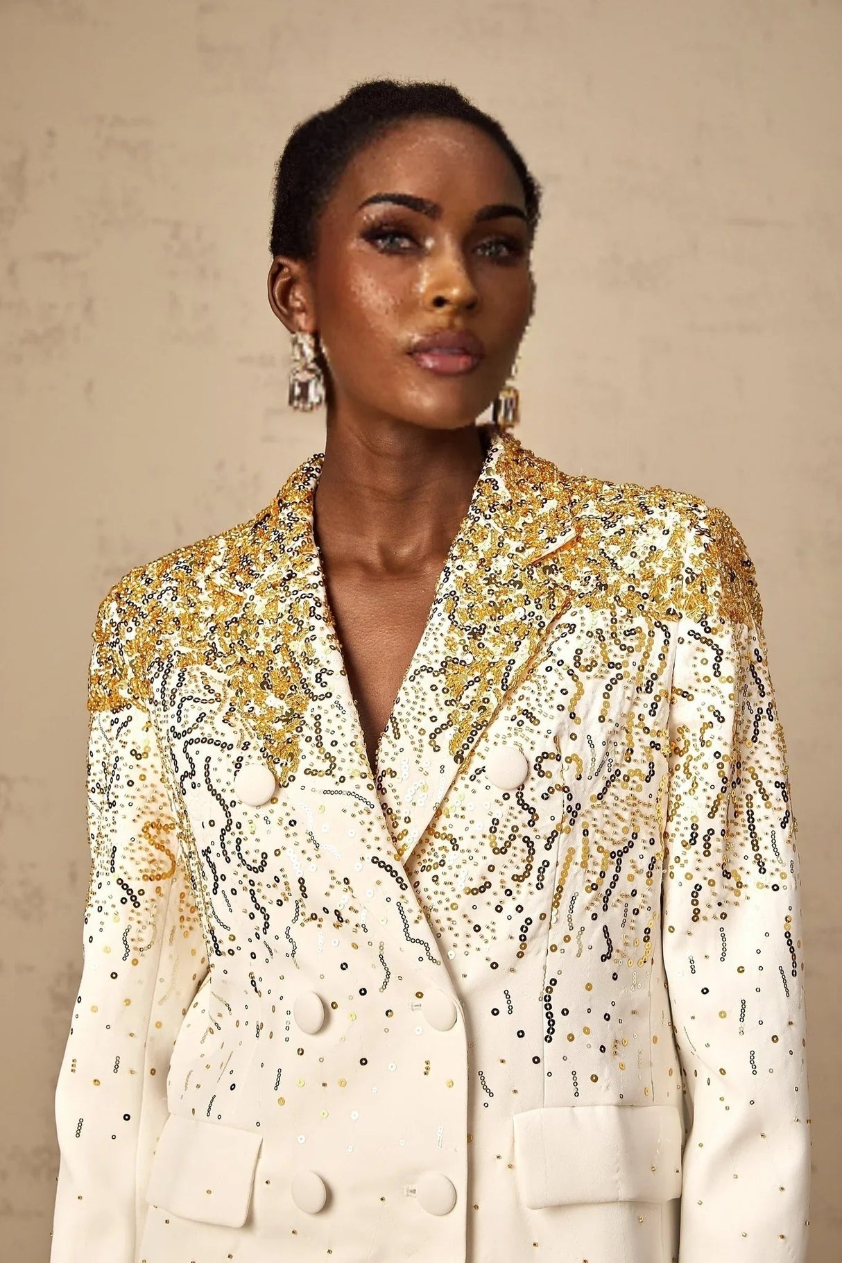Alberta Blazer - Long Sleeves - Notched Lapels - Embroidered Sequin Stud Design - Double - Breasted Fastening