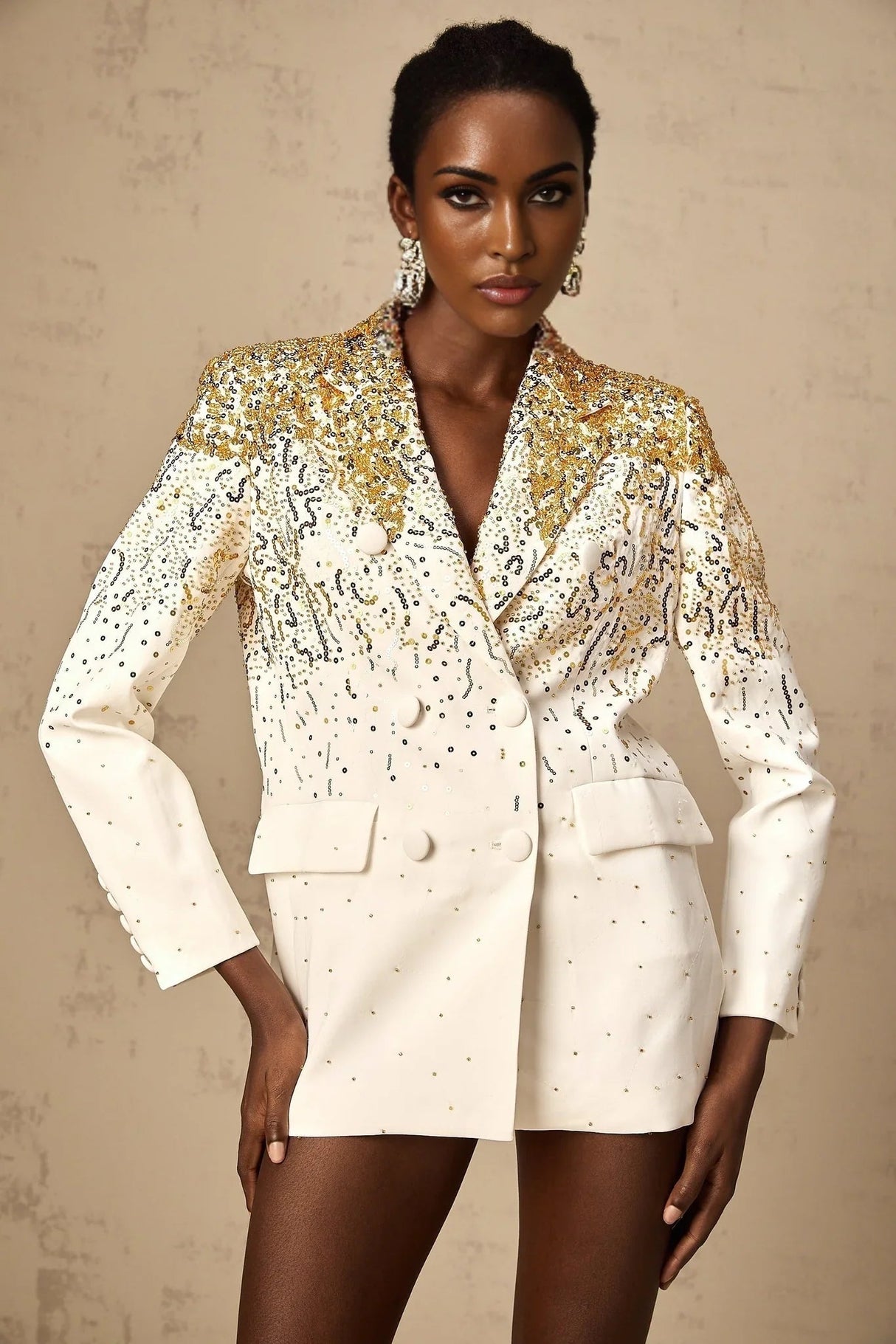 Alberta Blazer - Long Sleeves - Notched Lapels - Embroidered Sequin Stud Design - Double - Breasted Fastening