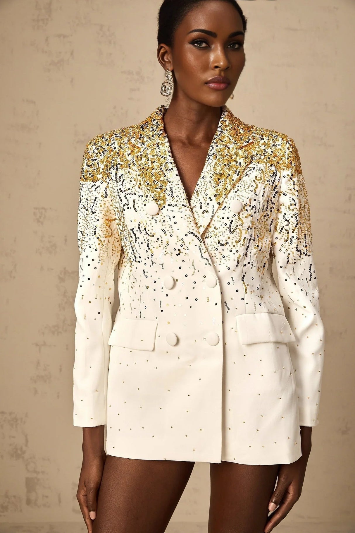 Alberta Blazer - Long Sleeves - Notched Lapels - Embroidered Sequin Stud Design - Double - Breasted Fastening