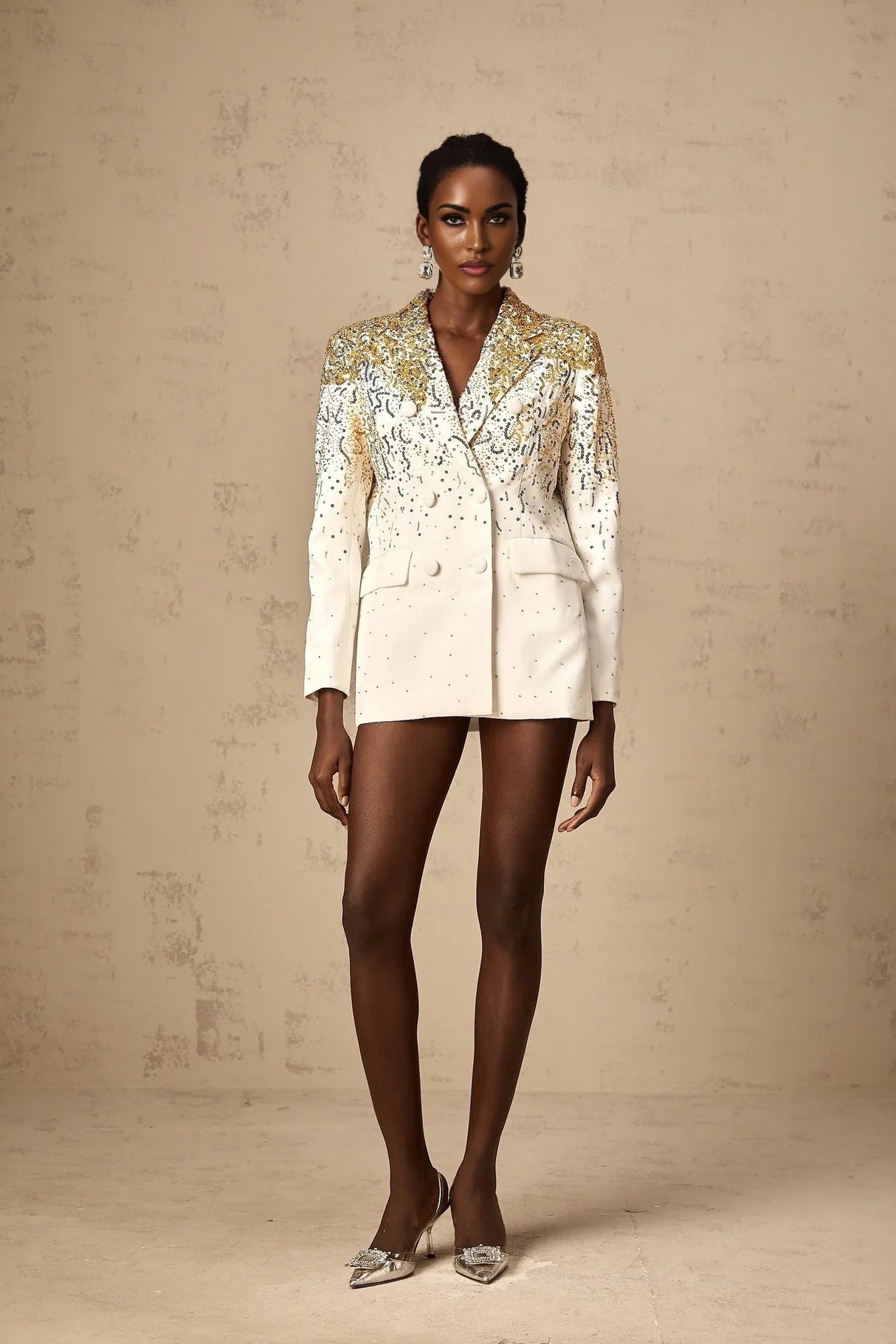 Alberta Blazer - Long Sleeves - Notched Lapels - Embroidered Sequin Stud Design - Double - Breasted Fastening