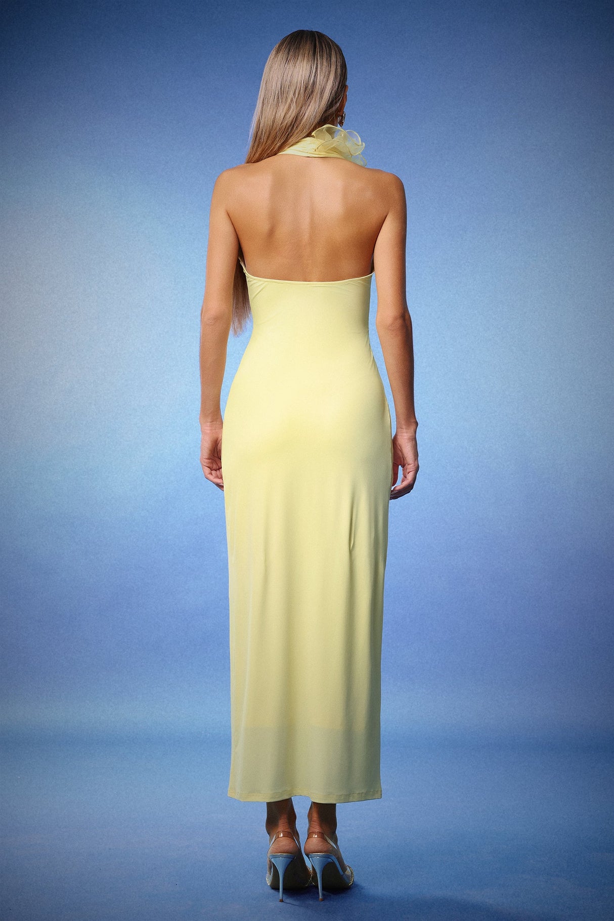 Alberta Yellow Halter Neck Ruffled Detail Backless Evening Dress