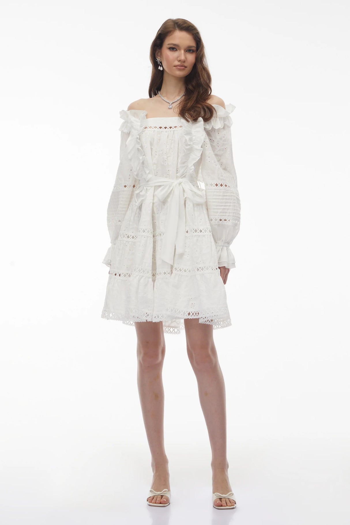 Alcestis White Ruffled Mini Dress with SelfTie