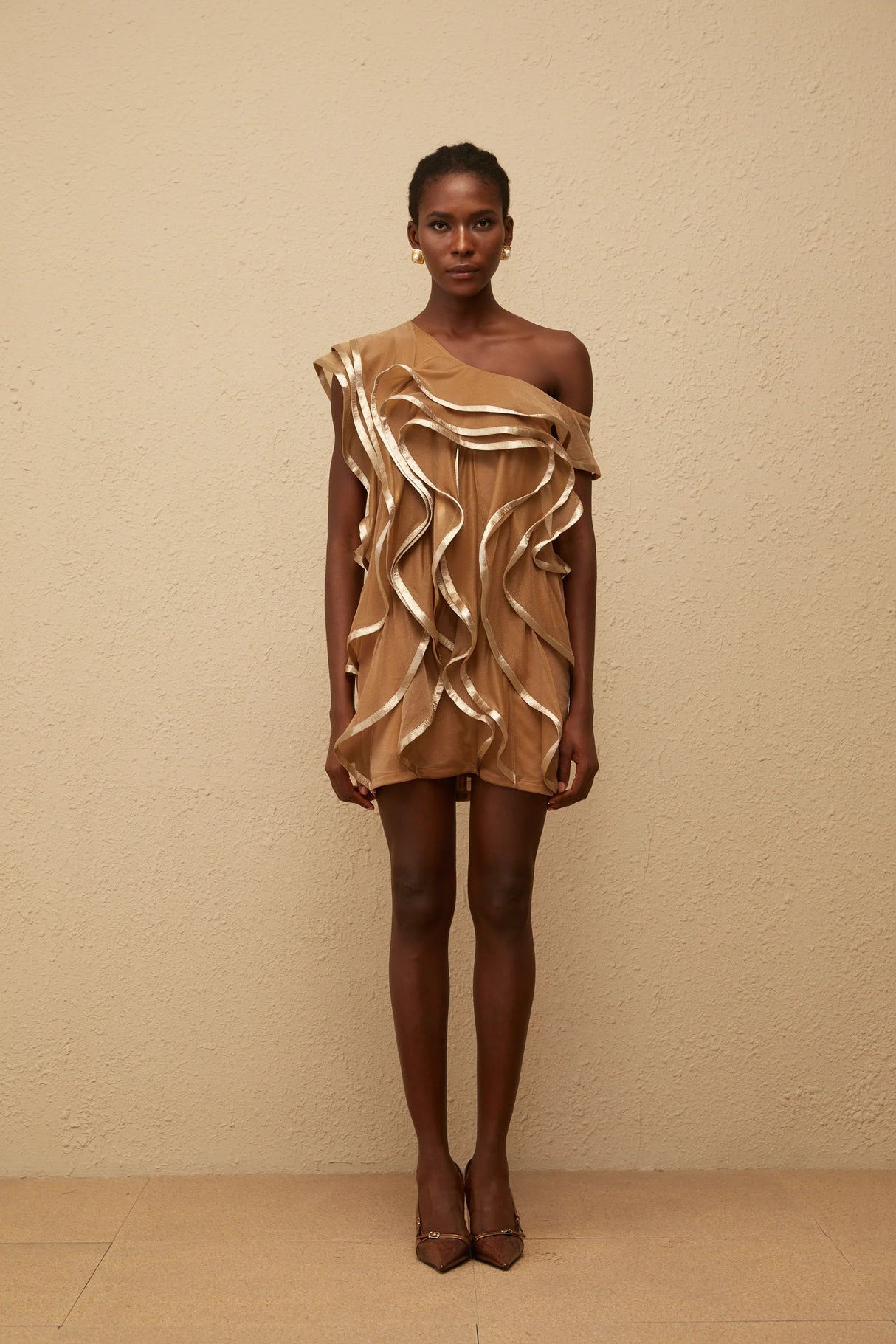 Alchimie Brown Ruffled Tulle Mini Dress