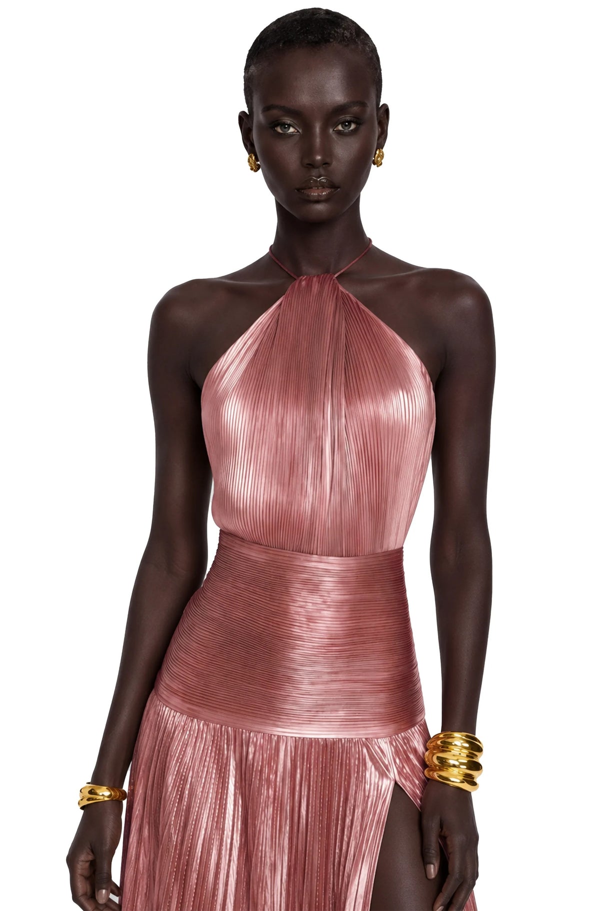 Alchimie Pink Glossy Pleated Maxi Dress
