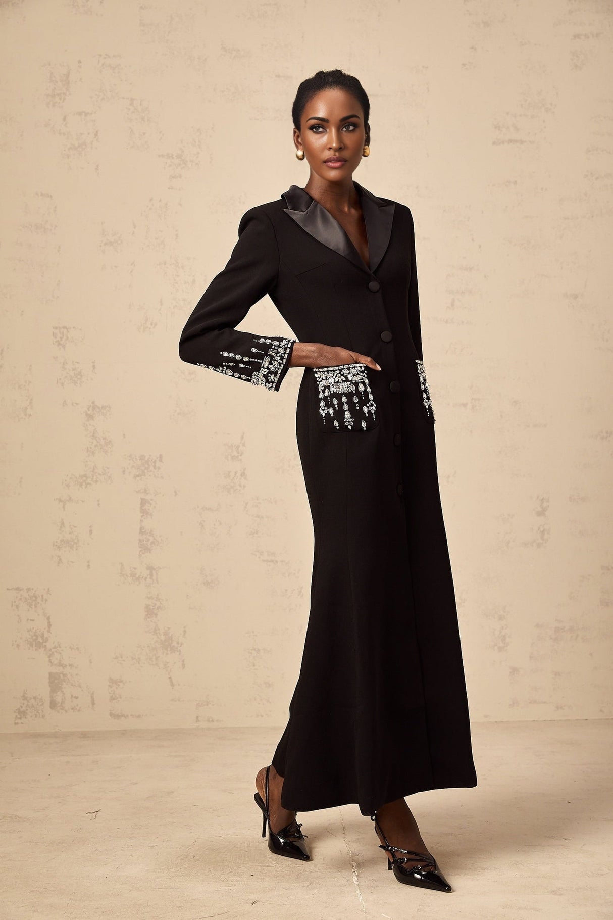 Alessandra Maxi Dress - Peak Lapels - Crystal Embellishment - Flared Hem - Front Button Fastening
