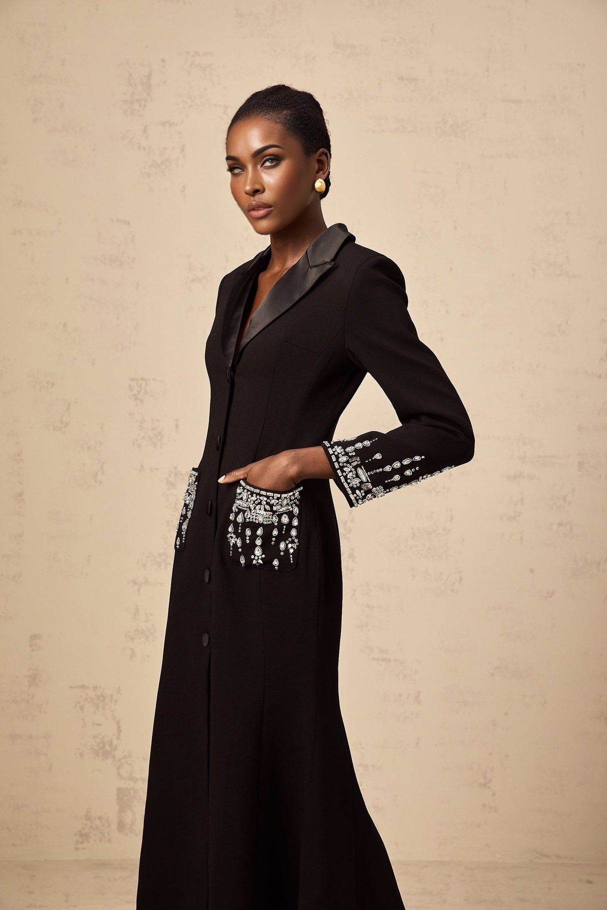 Alessandra Maxi Dress - Peak Lapels - Crystal Embellishment - Flared Hem - Front Button Fastening