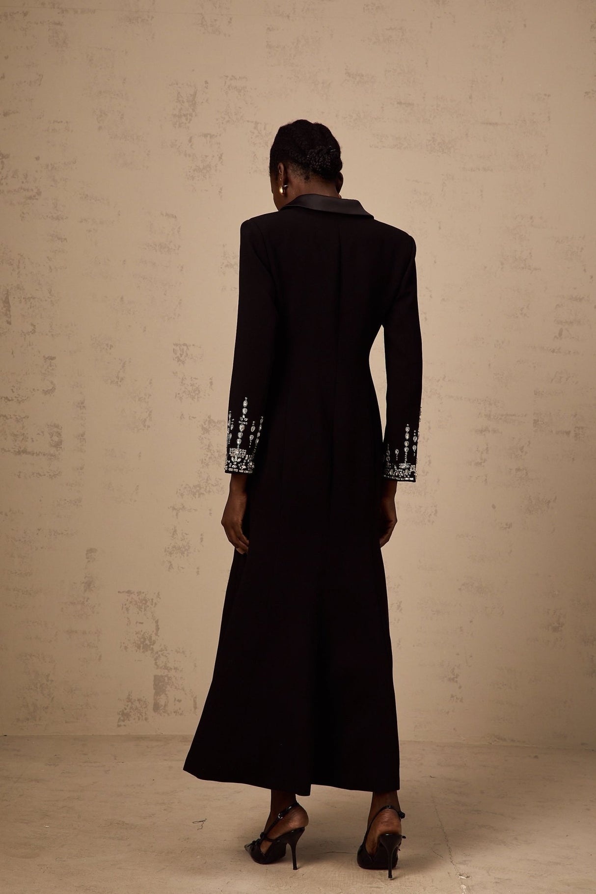 Alessandra Maxi Dress - Peak Lapels - Crystal Embellishment - Flared Hem - Front Button Fastening