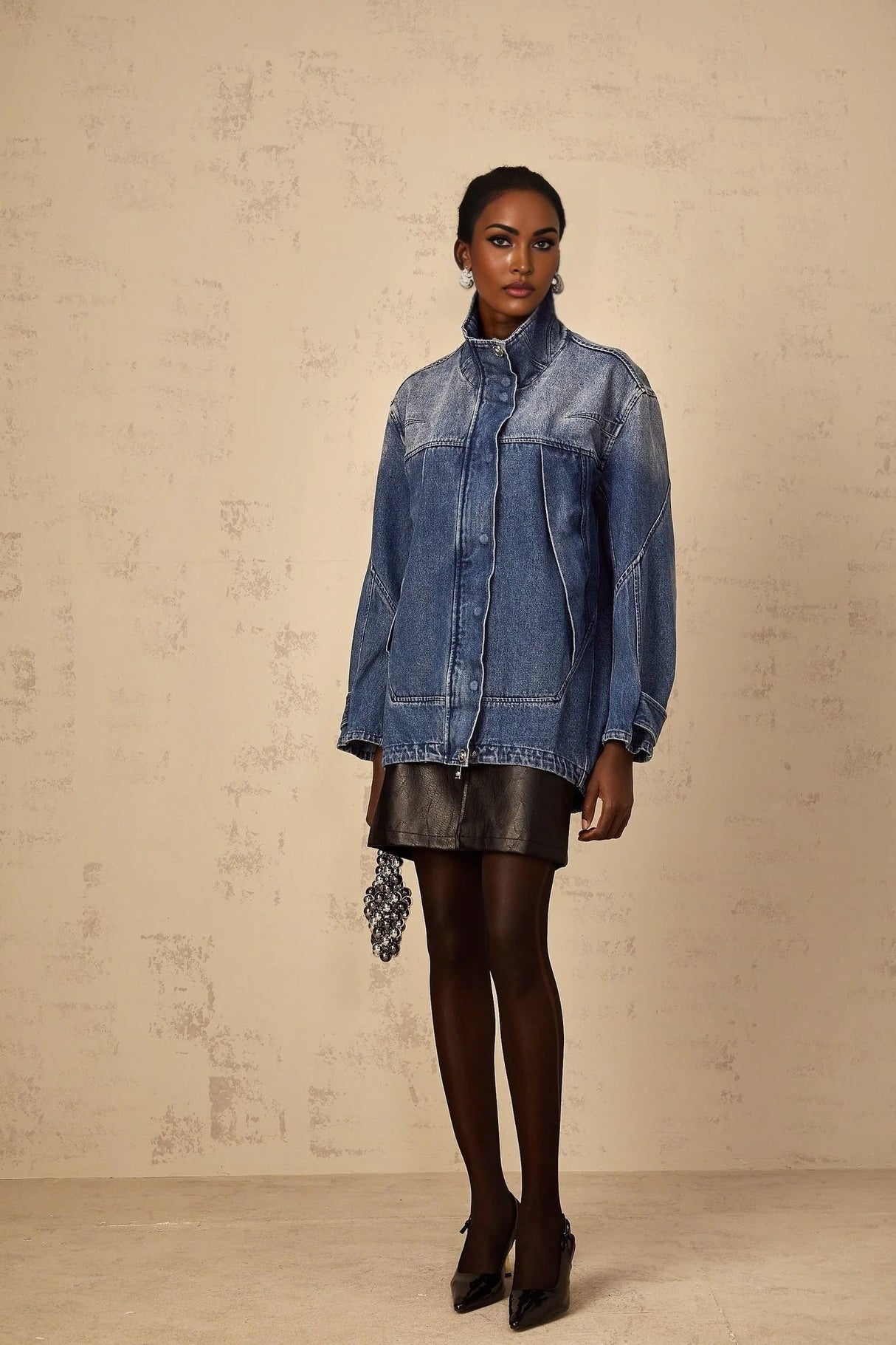 Alessandrina Denim Jacket Blue Patchwork Loose - Fit & Whiskering