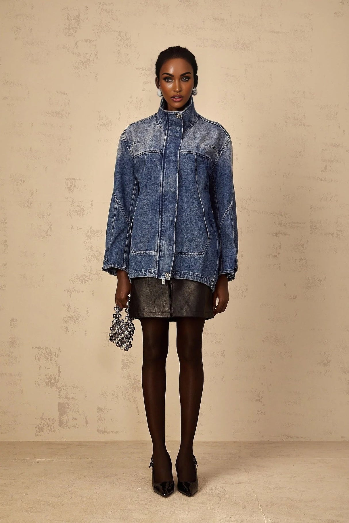 Alessandrina Denim Jacket Blue Patchwork Loose - Fit & Whiskering