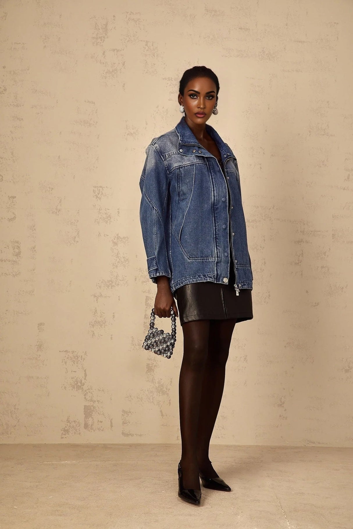 Alessandrina Denim Jacket Blue Patchwork Loose - Fit & Whiskering